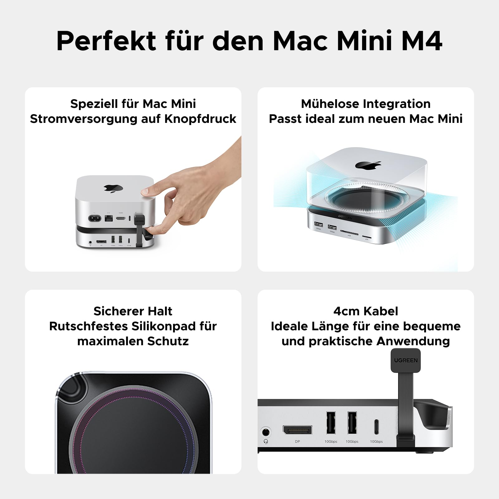 Vier Bilder zeigen die Produktvorteile einer Mac Mini M4 Halterung und Hubs mit Kabel.