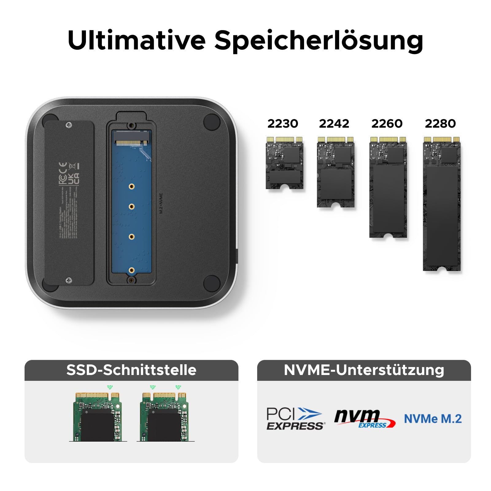 Dockingstation mit NVMe-SSD-Steckplatz und Kompatibilität für verschiedene SSD-Größen.