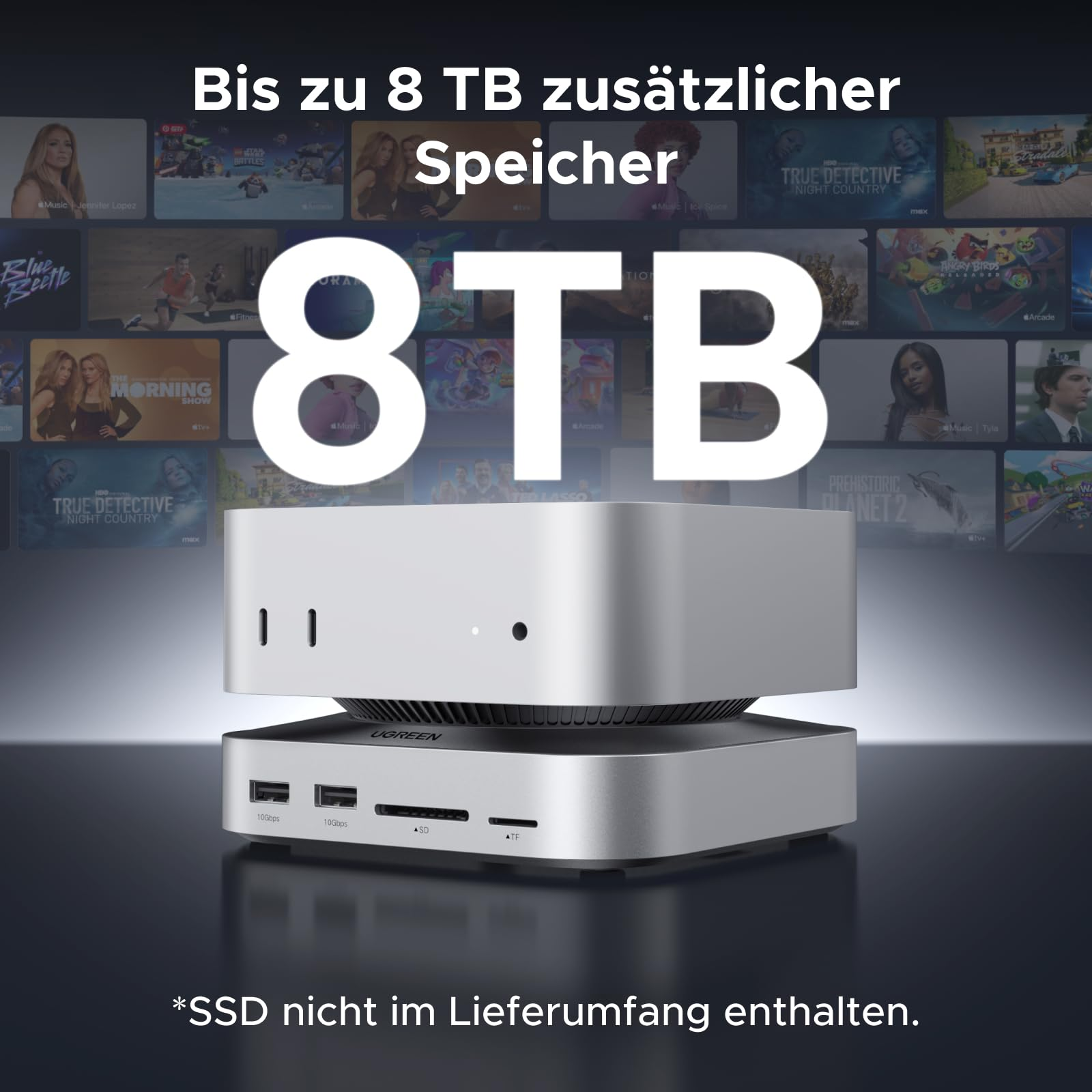Zwei silberne Ugreen-Geräte unter großem Text 8 TB und medialem Hintergrund.