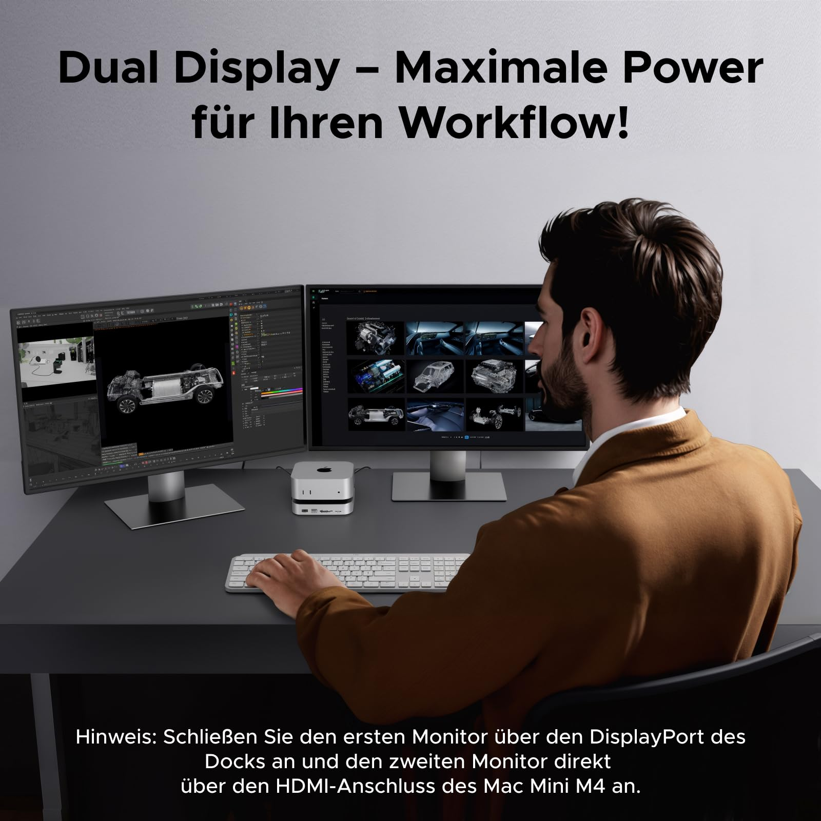 Ein Mann sitzt am Schreibtisch mit zwei Monitoren, Mac mini und Tastatur.