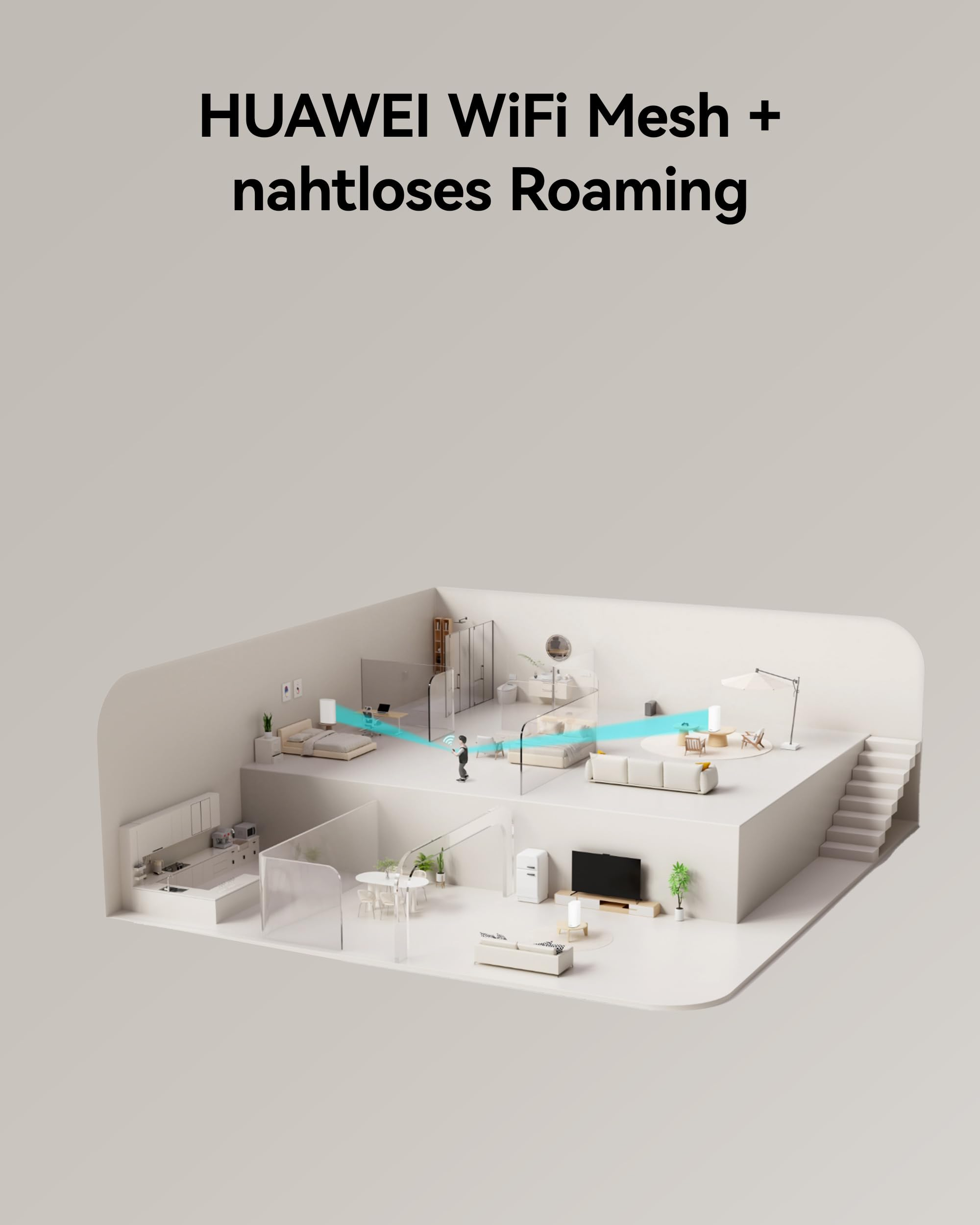 Modello 3D di una casa a due piani con dispositivi Wi-Fi mesh per roaming fluido, con testo.