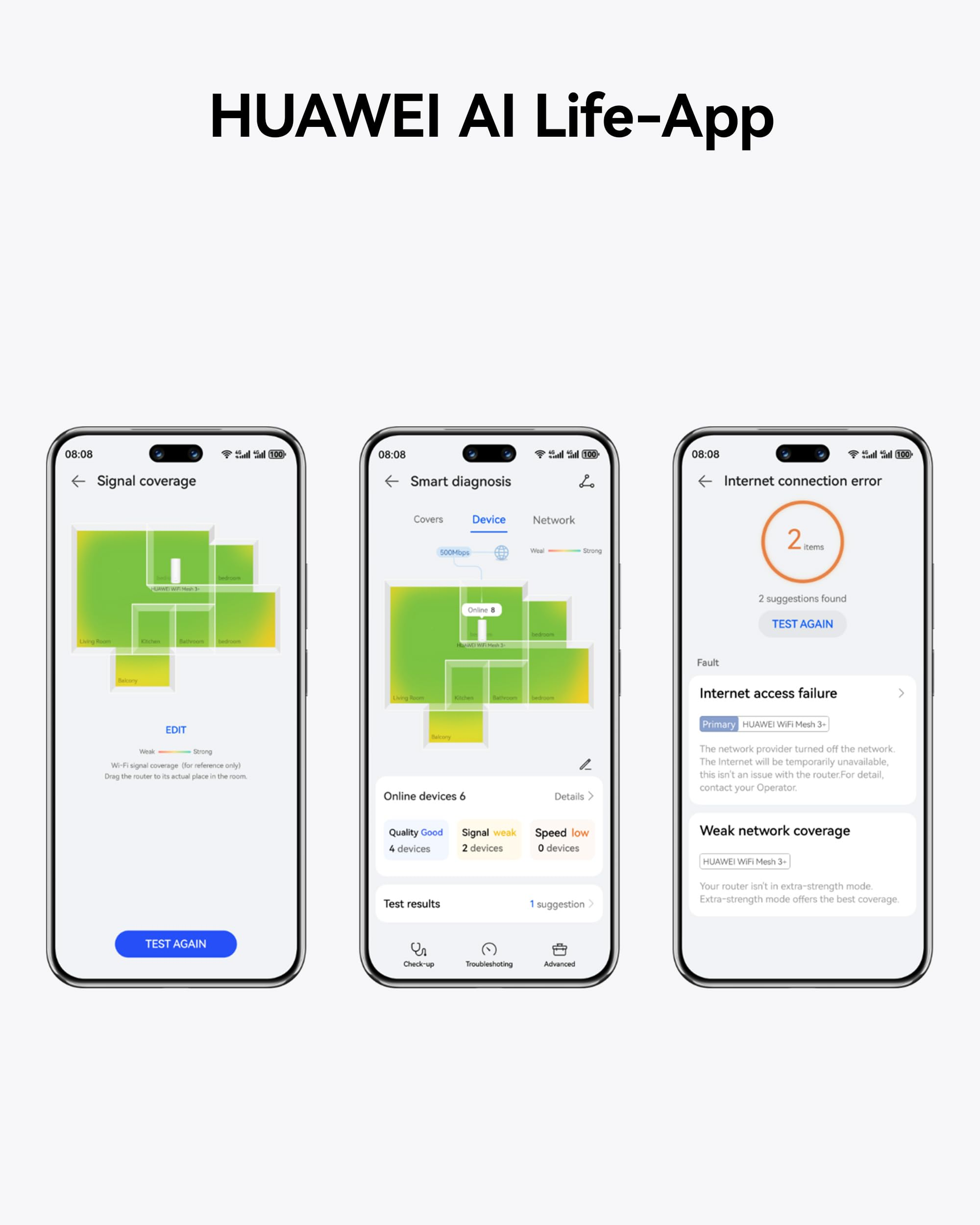 Tre smartphone mostrano l'app HUAWEI AI Life con copertura, diagnosi e errore di connessione.