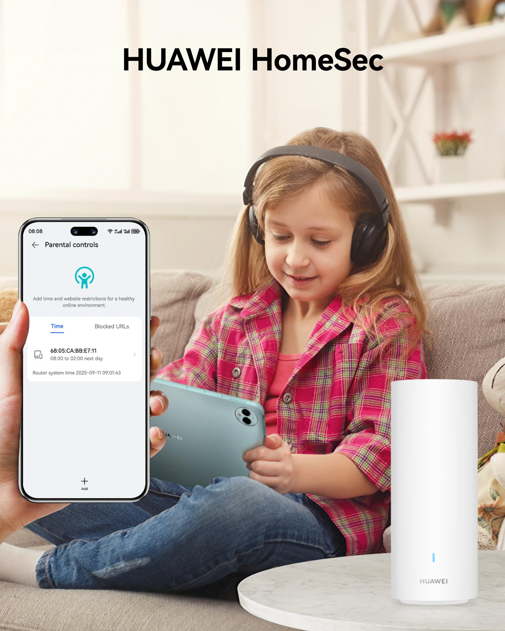 Bambina con cuffie usa un tablet, mentre uno smartphone mostra il controllo genitori e un router bianco è vicino.