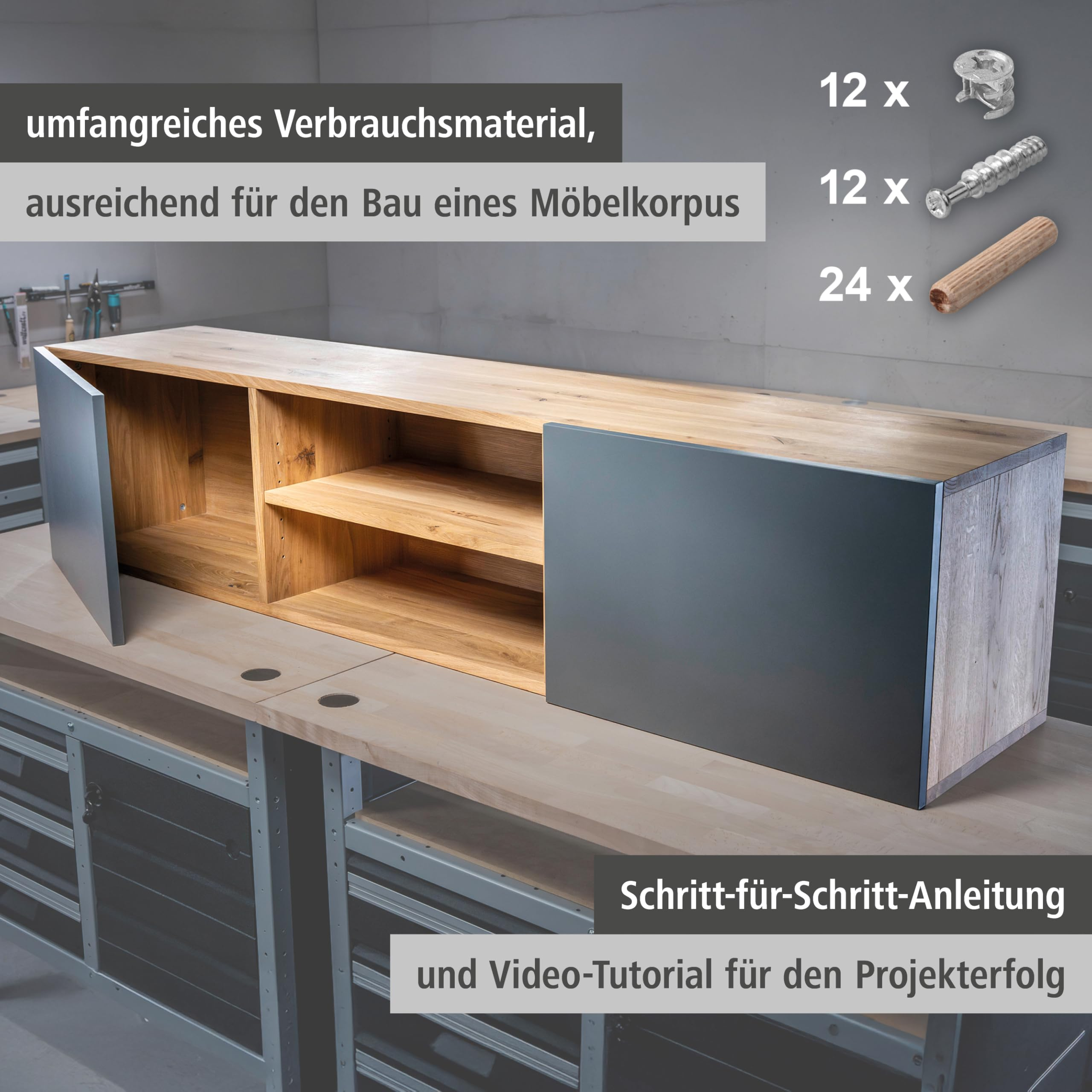Ein hölzernes Möbelstück mit grauen Türen auf einer Werkbank, daneben Hardware-Teile und Text.