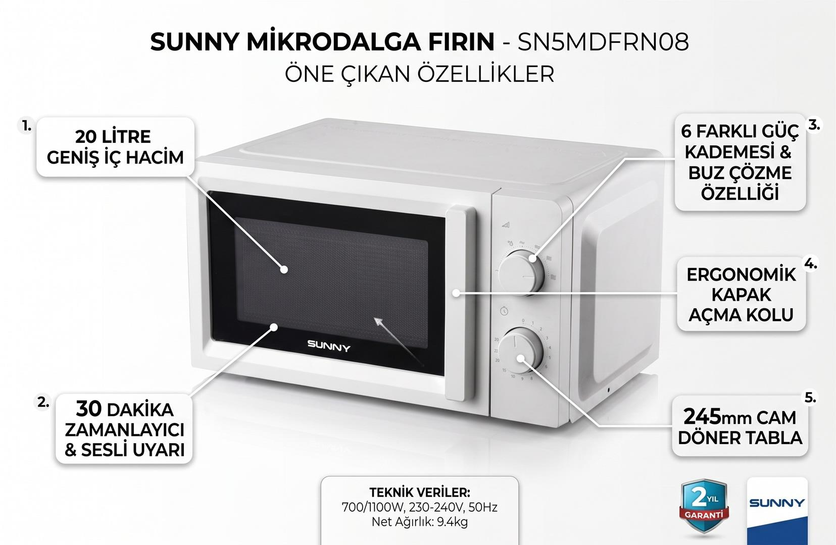 20 litre iç hacim ve 6 güç kademesi gibi özelliklere sahip beyaz Sunny mikrodalga fırın şeması.
