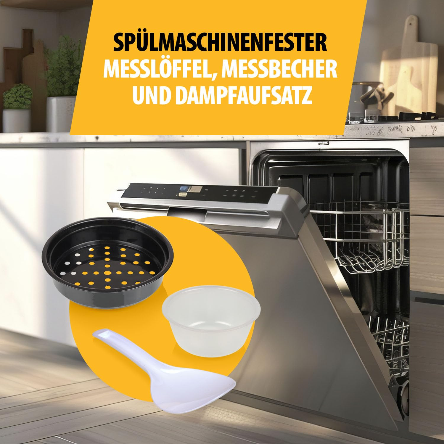 Utensili da cucina lavabili in lavastoviglie: cucchiaio misuratore, misurino e accessorio per vapore.