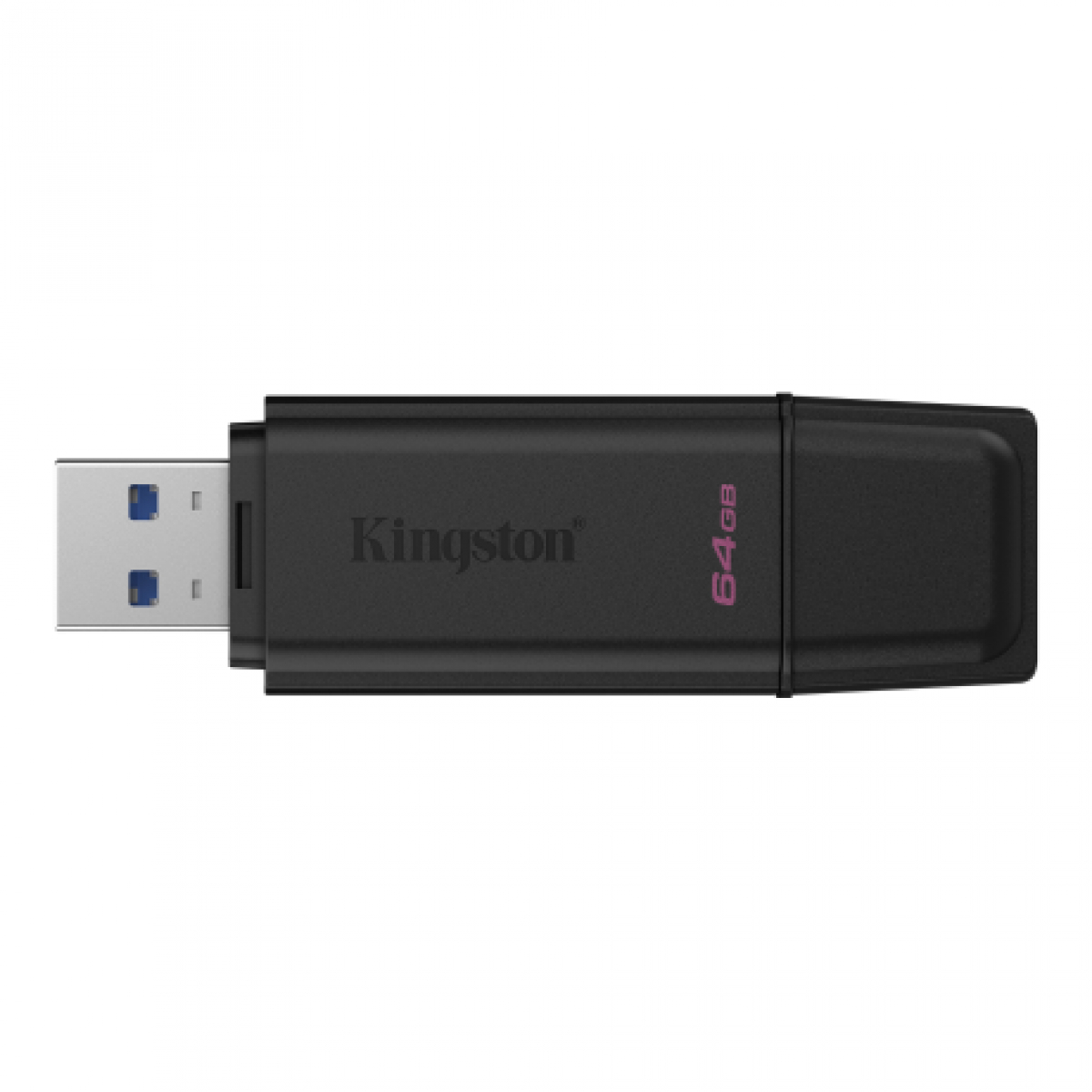 Beyaz arka planda USB-A konektörlü siyah Kingston 64GB USB bellek.