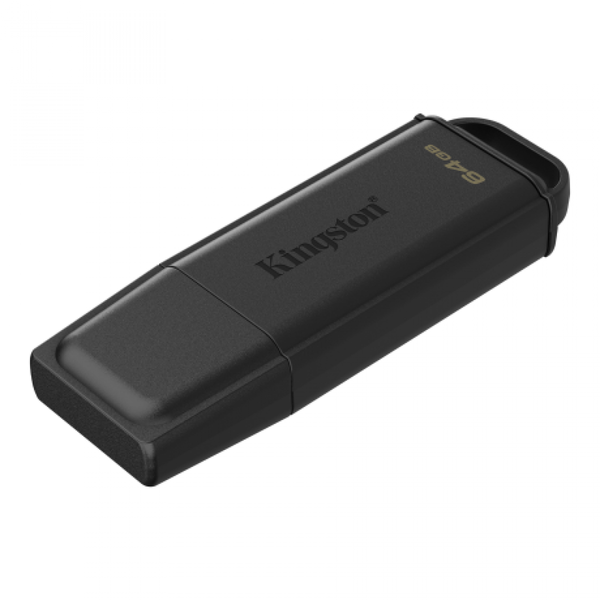 Beyaz arka planda açılı siyah Kingston 64GB USB flash sürücü.