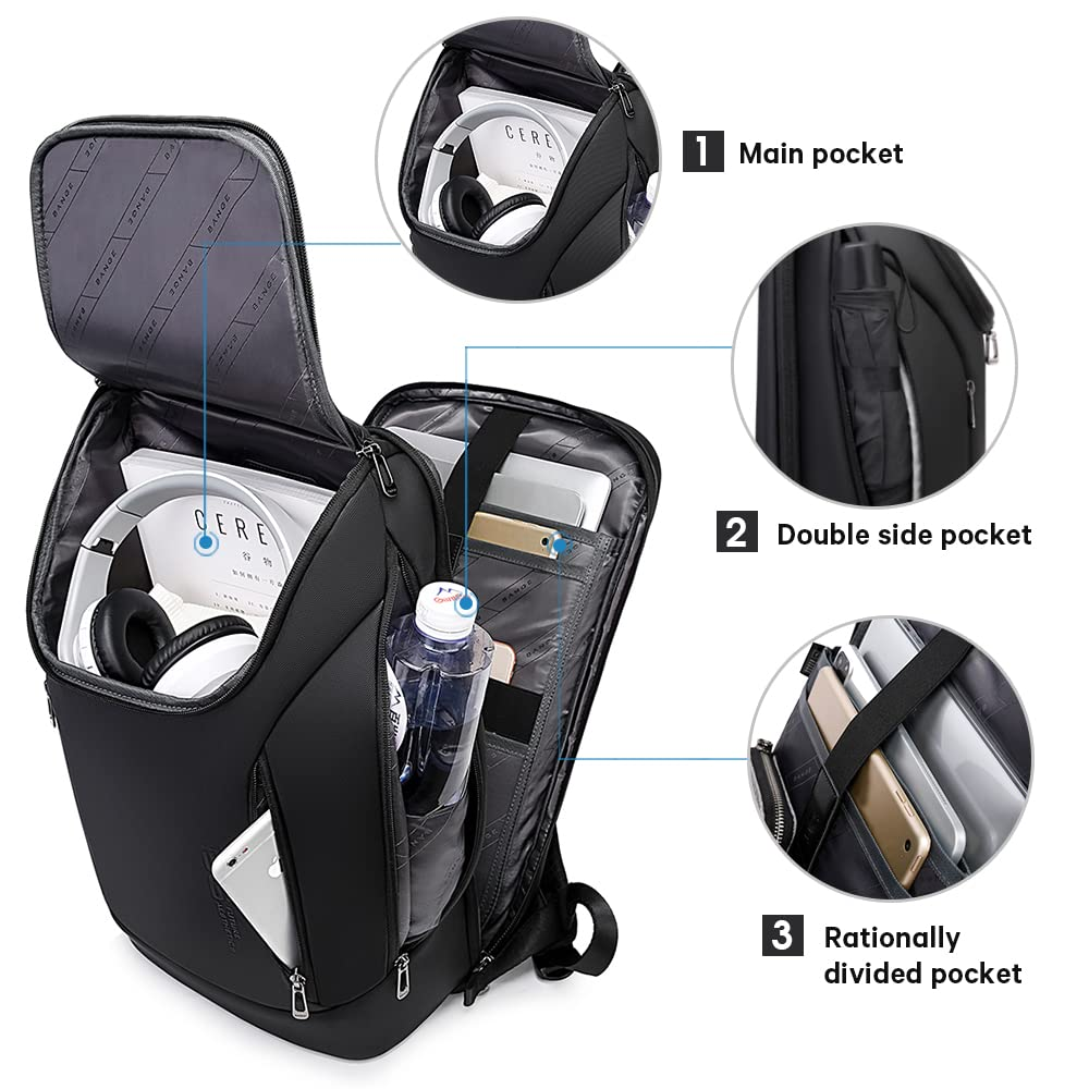 Schwarzer Rucksack mit offenem Hauptfach, Seitenfach und organisierten Innentaschen.