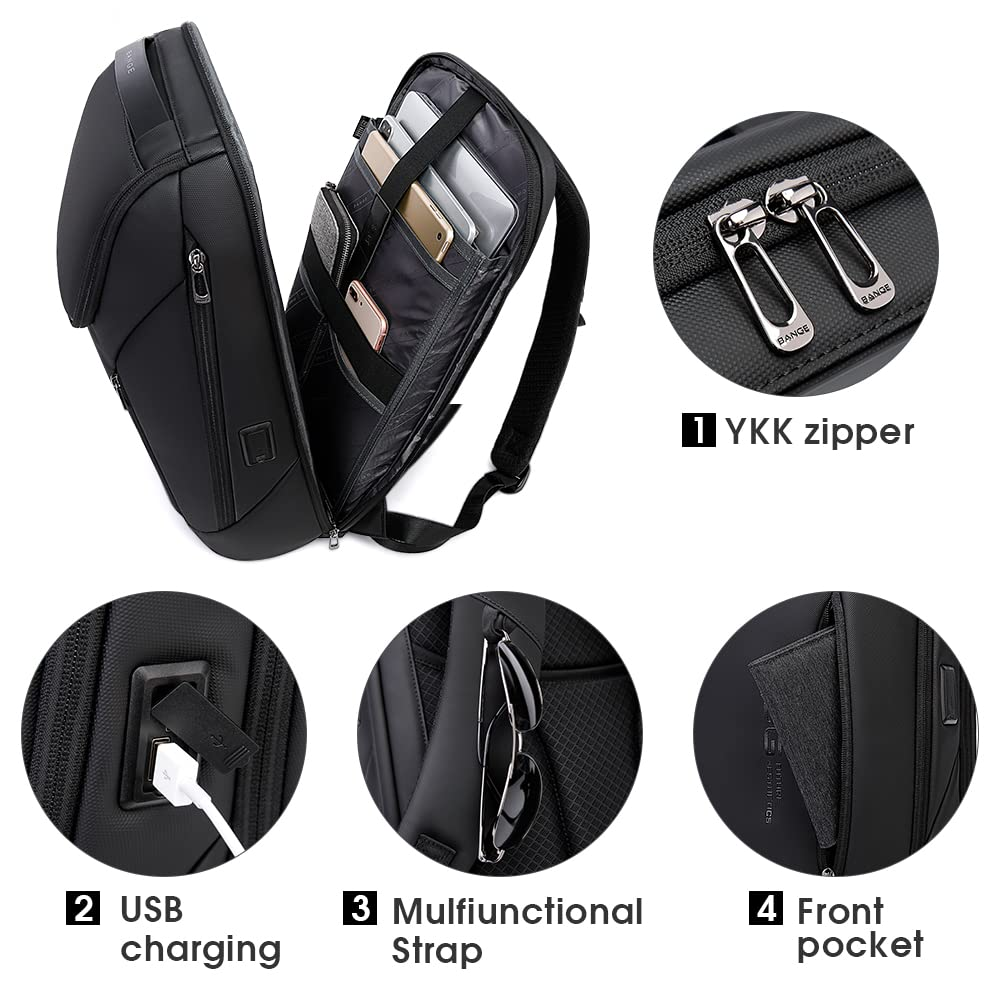 Schwarzer Rucksack mit vielen Fächern, YKK-Reißverschlüssen, USB-Anschluss, Brillenhalter und Fronttasche.