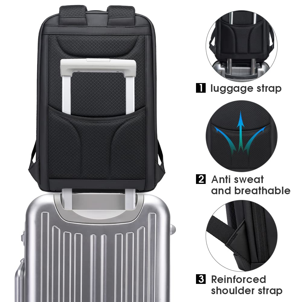 Ein schwarzer Rucksack zeigt Details wie Gepäckgurt, atmungsaktives Material und verstärkte Schultergurte.