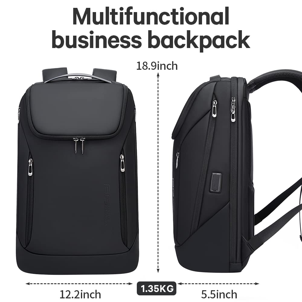 Schwarzer Multifunktions-Business-Rucksack mit Bemaßungen von 18.9x12.2x5.5 Zoll und 1.35 kg Gewicht.