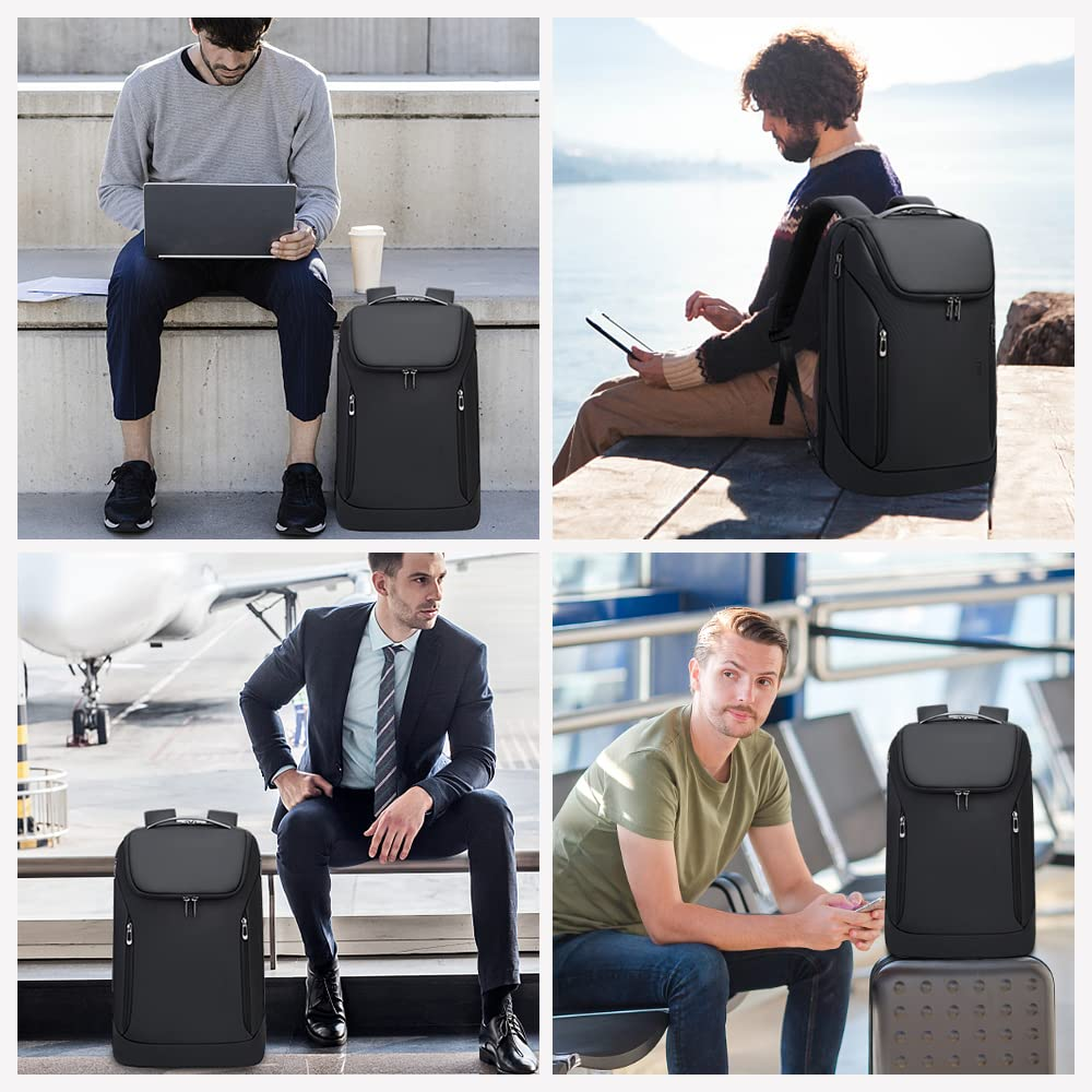 Eine Collage von Männern in verschiedenen Umgebungen mit einem schwarzen Rucksack.