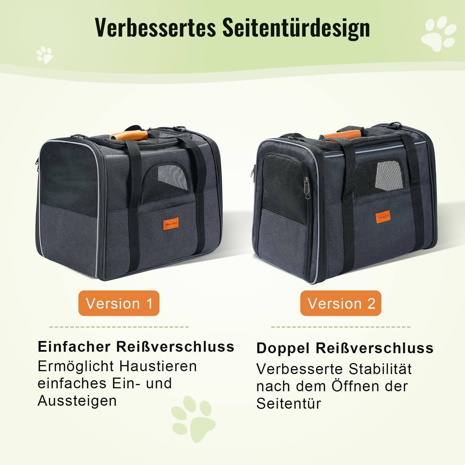 Confronto di due trasportini grigi per animali: Versione 1 con zip singola, Versione 2 con doppia zip.