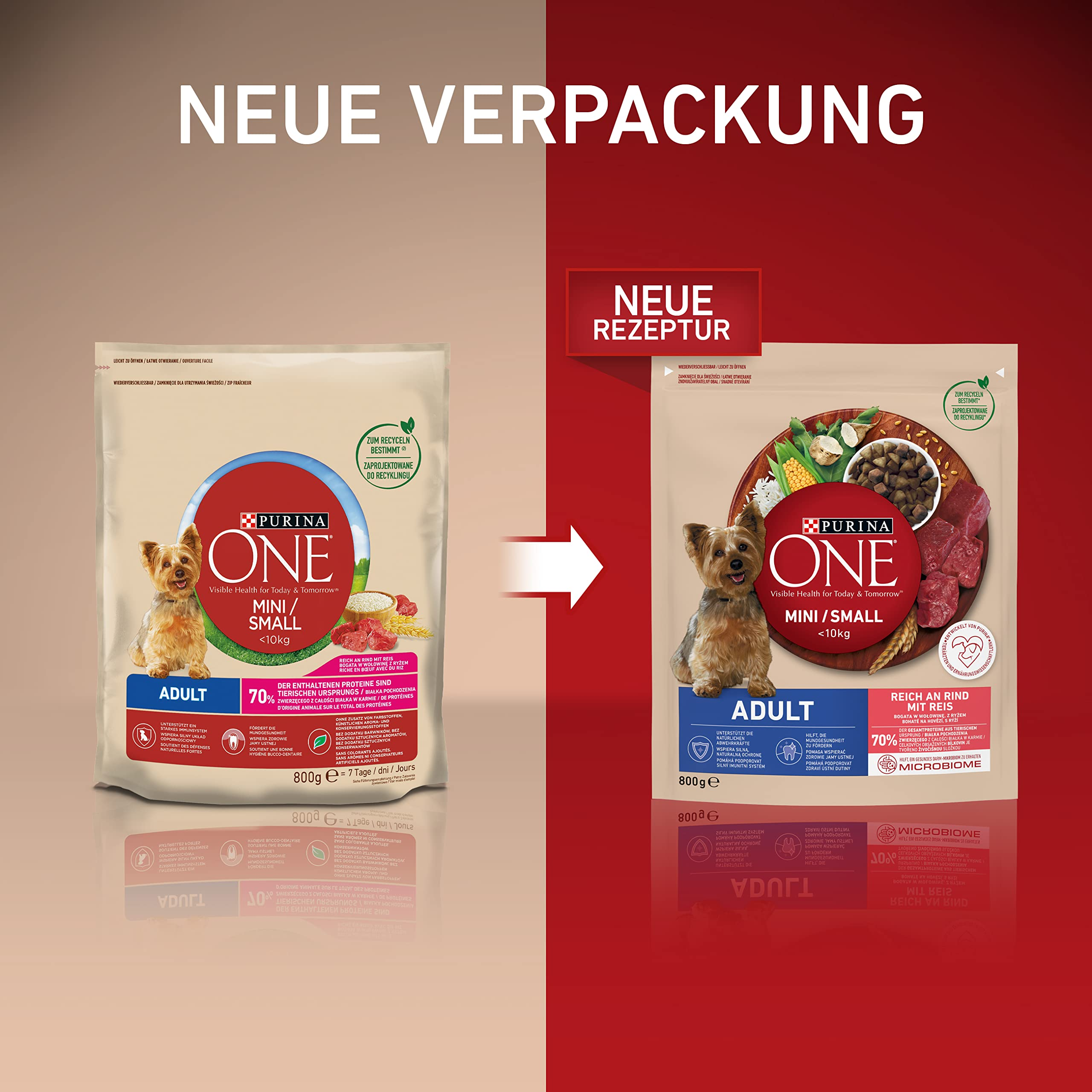 Vergleich zweier Purina One Mini Hundefutterverpackungen: alt links, neu rechts mit verbesserter Rezeptur.