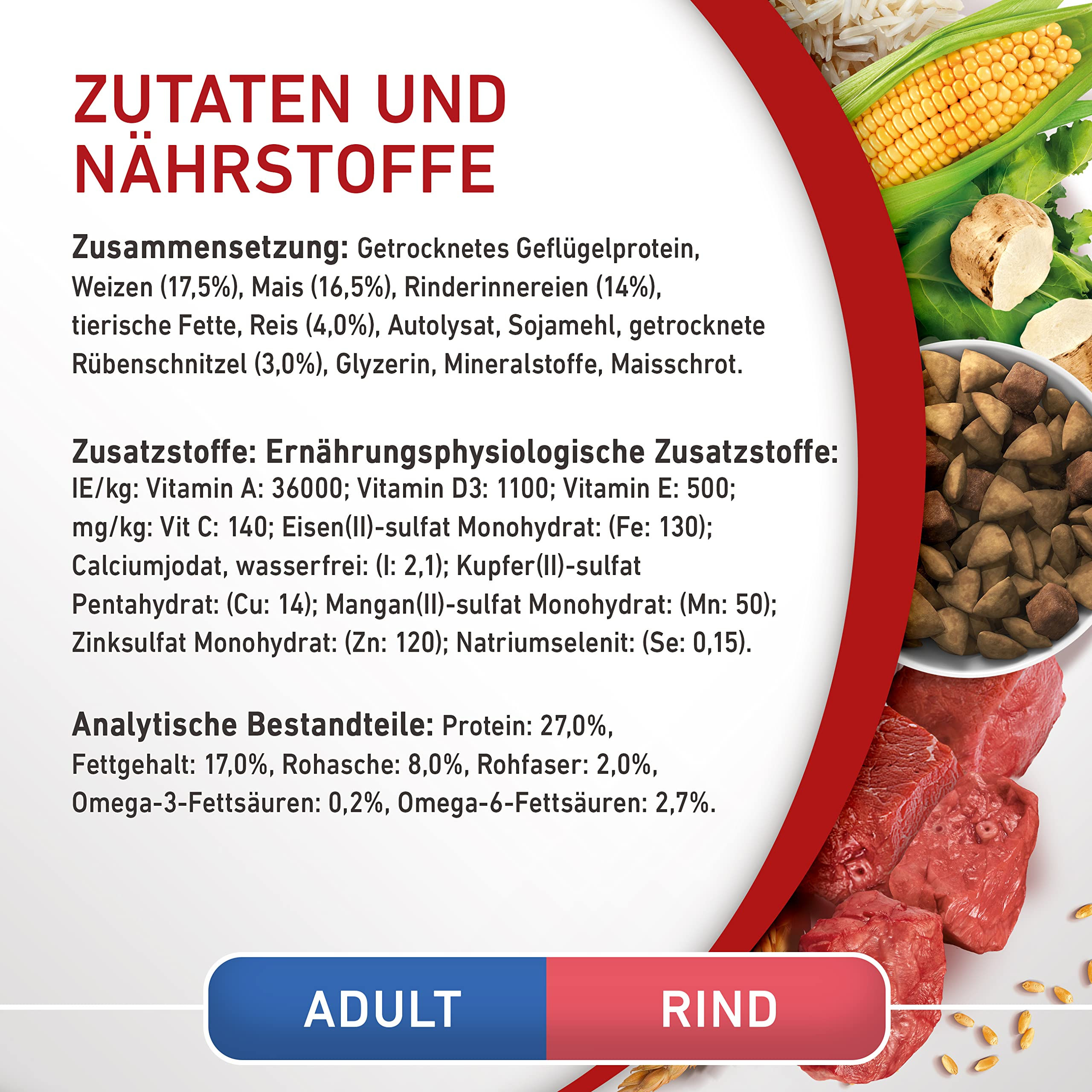 Inhaltsstoffe und Nährwerte für Adult Rind Hundefutter mit Bildern von Mais, Trockenfutter und Fleisch.