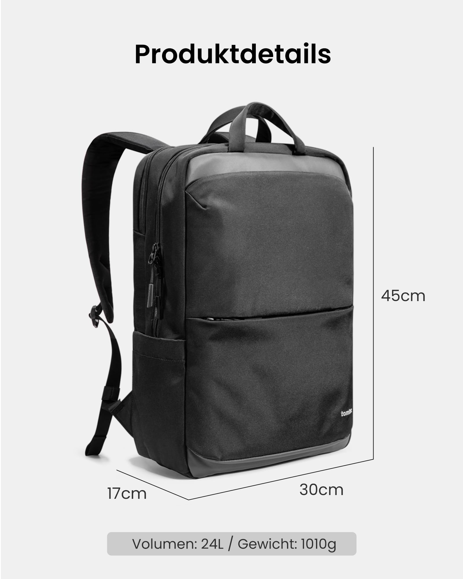 Schwarzer Rucksack mit Maßangaben 45x30x17 cm, 24L Volumen und 1010g Gewicht.