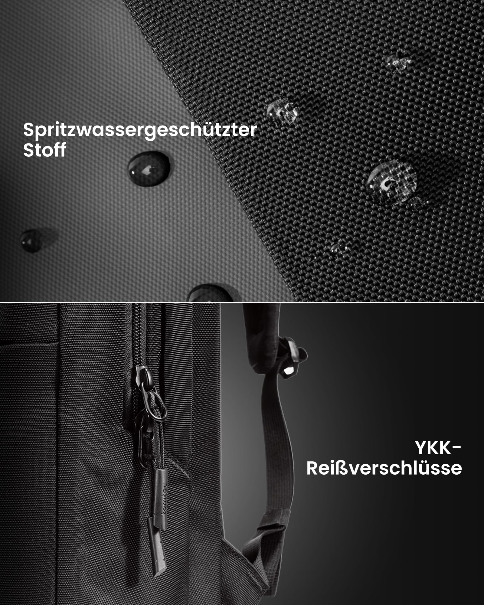 Geteilter Schuss: Wasserabweisender Stoff mit Wassertropfen oben und ein schwarzer Rucksack mit YKK-Reißverschluss unten.