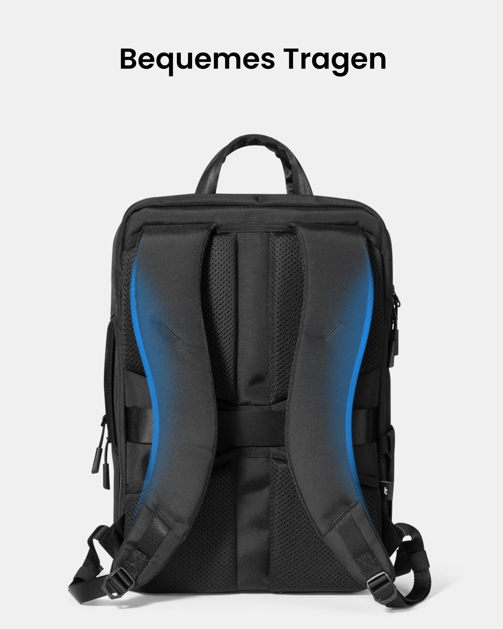 Schwarzer Rucksack von hinten, mit gepolsterten Schultergurten und blauem Leuchten.