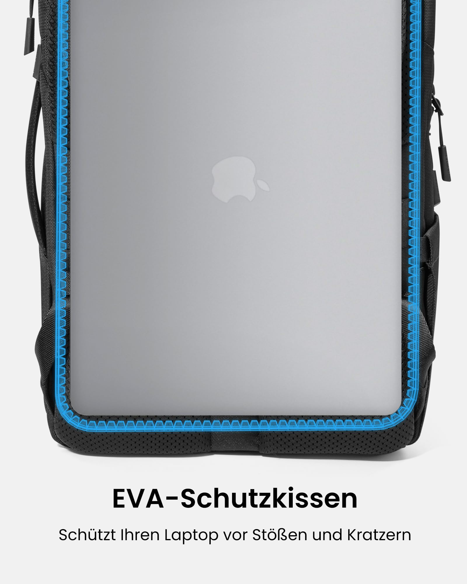 Laptop in schwarzer Tasche mit blauem Kantenschutz und Text EVA-Schutzkissen.