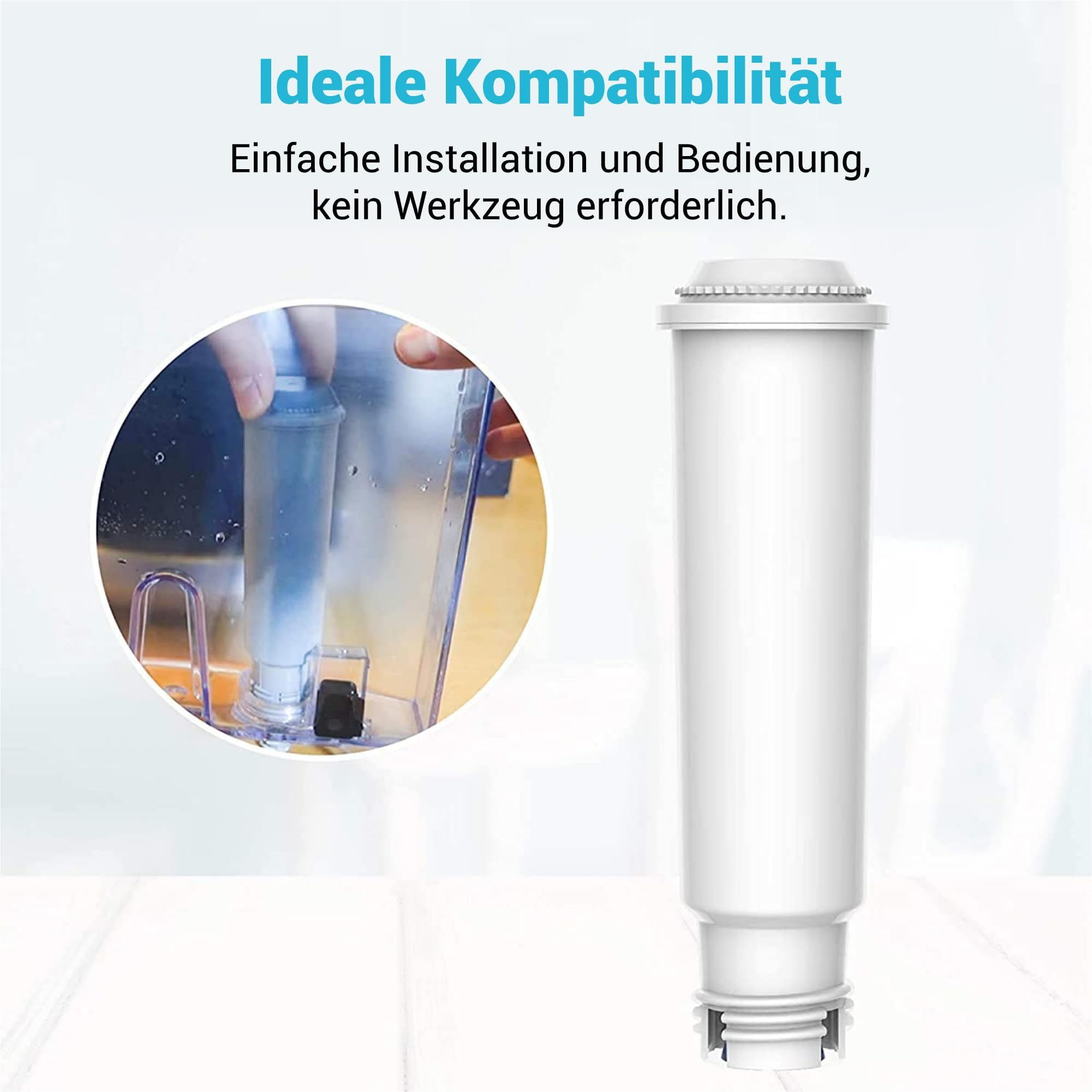 Un filtro dell'acqua bianco e un'immagine in basso che mostra l'installazione, con testo in tedesco.