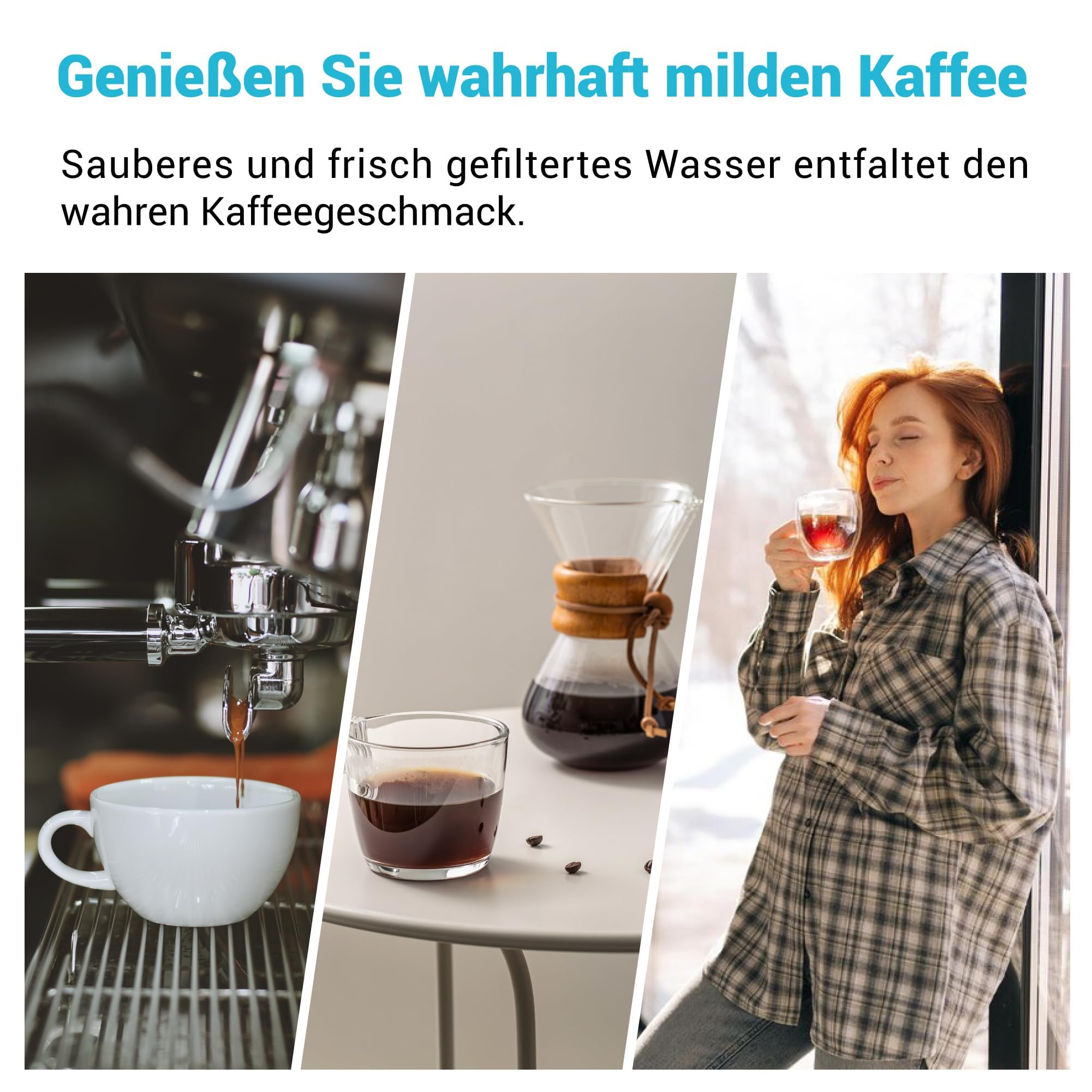 Tre pannelli mostrano la preparazione del caffè, una caffettiera di vetro e una donna che gusta il caffè, con testo in tedesco.
