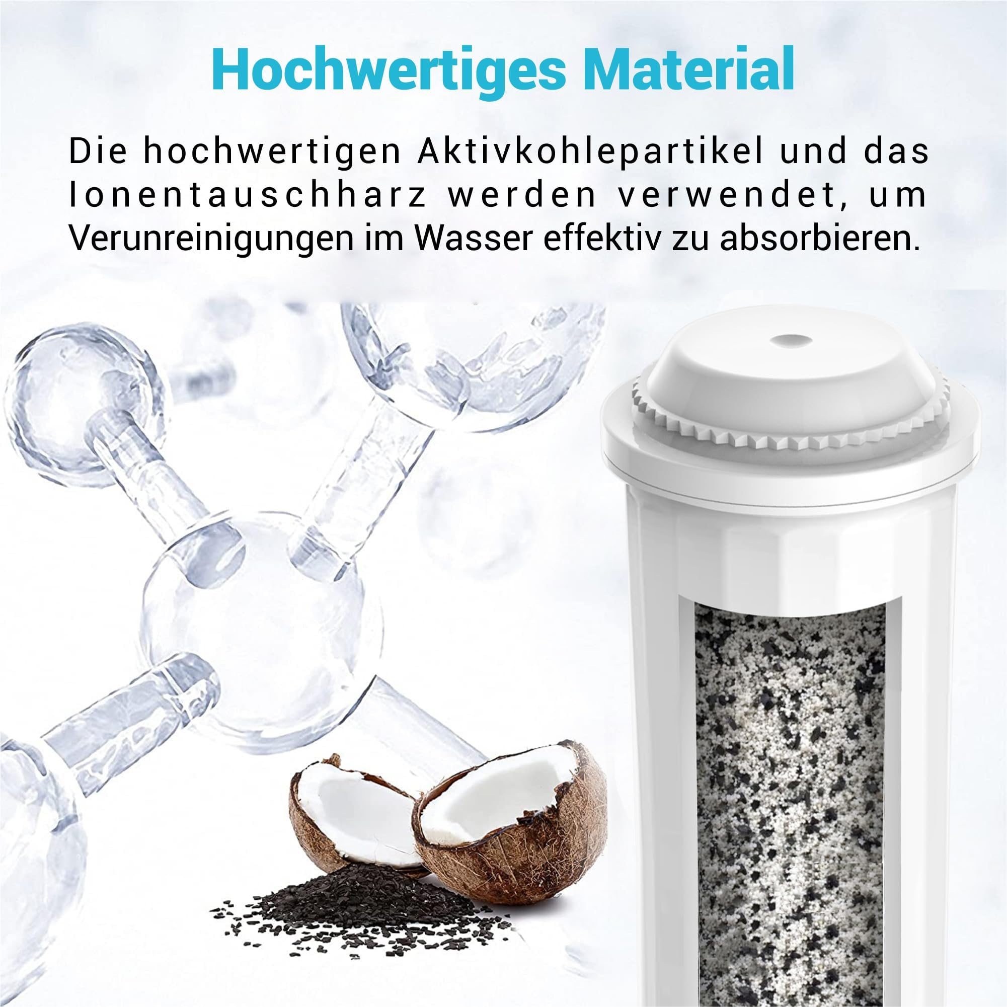 Un filtro per l'acqua bianco con carbone attivo e gusci di cocco davanti a uno sfondo molecolare e del testo.