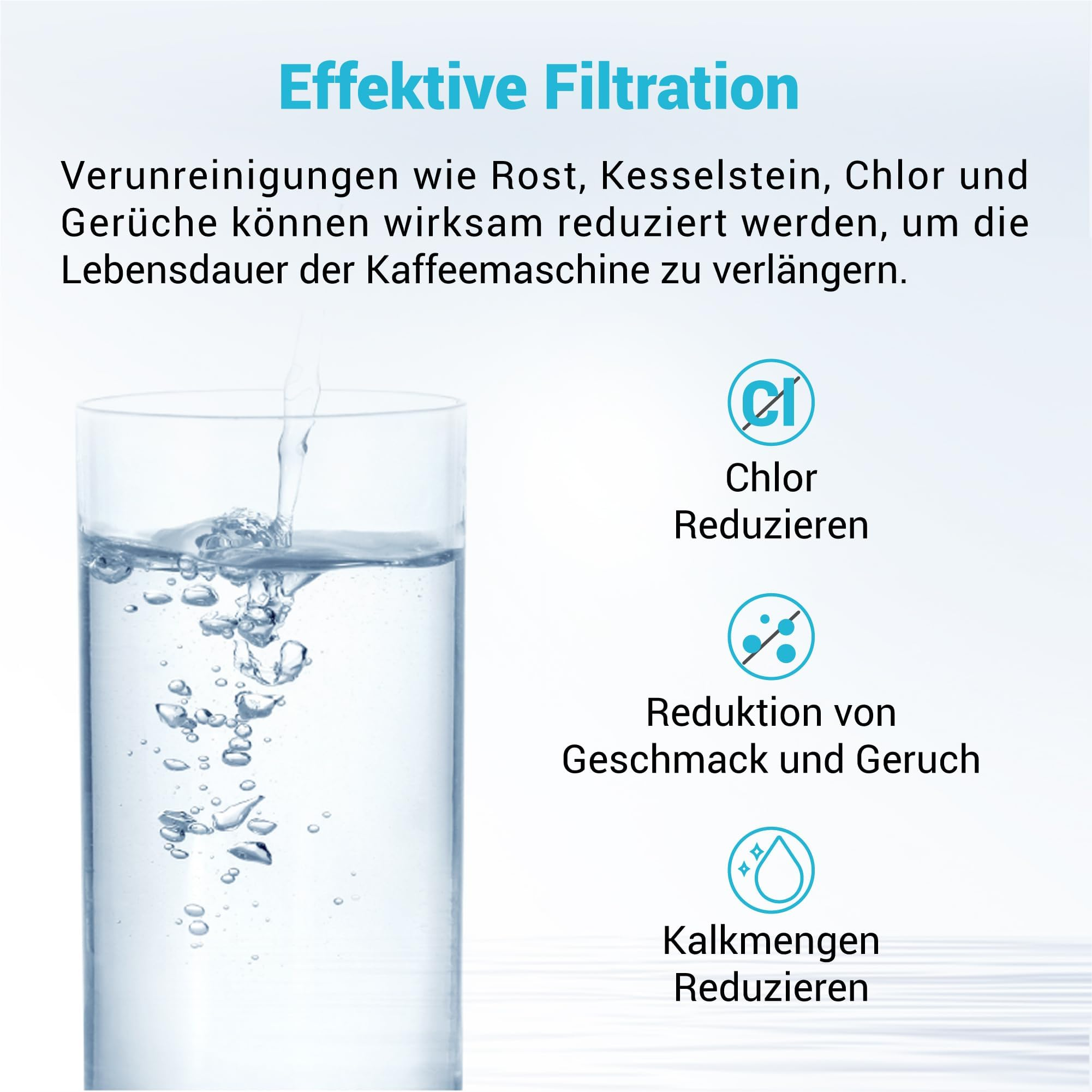Il diagramma mostra una filtrazione efficace, riducendo cloro, sapore, odore e calcare nell'acqua.