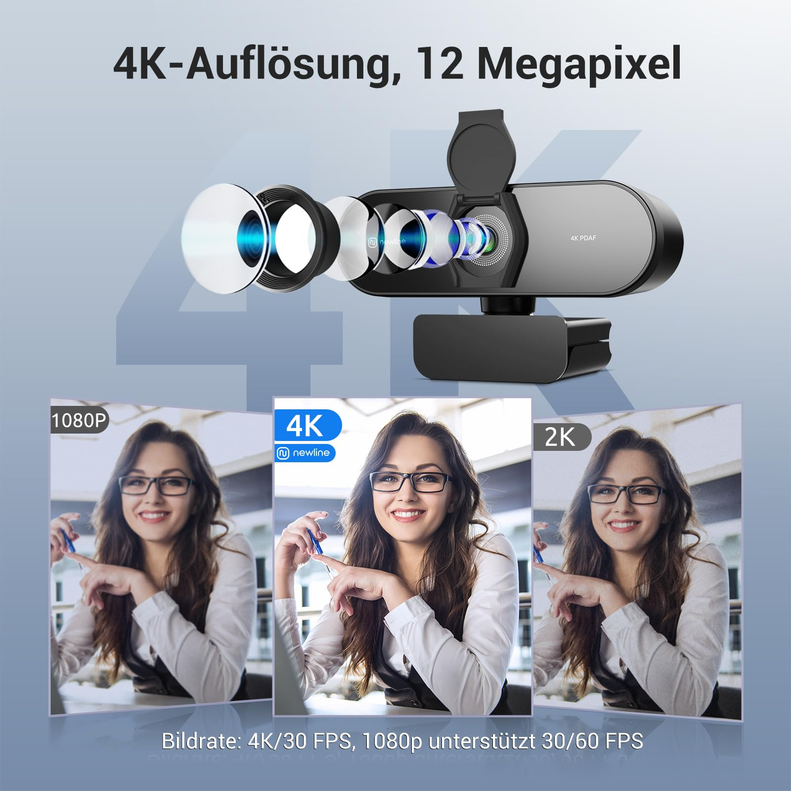 Una webcam con obiettivo smontato e tre confronti di immagini in 1080p, 4K e 2K.