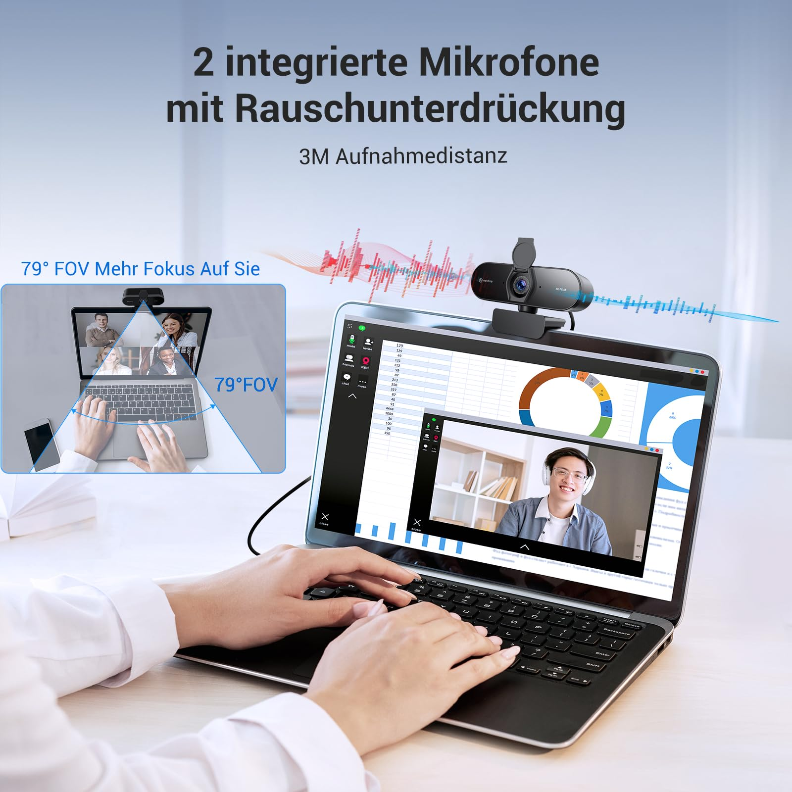 Una webcam su un laptop, mani che scrivono sulla tastiera, grafici e videochiamata sullo schermo.