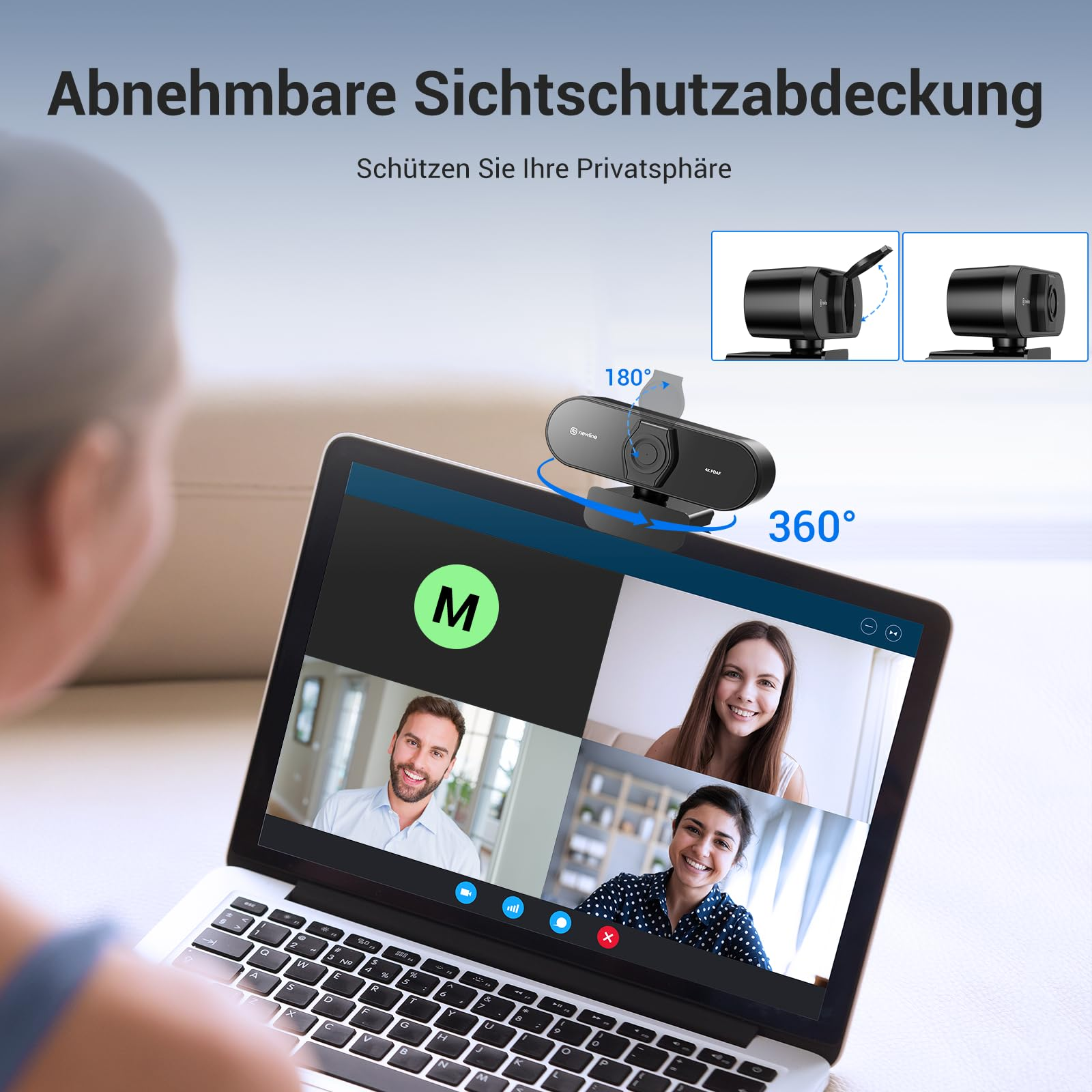 Un computer portatile mostra una videochiamata con una webcam dotata di copriobiettivo.