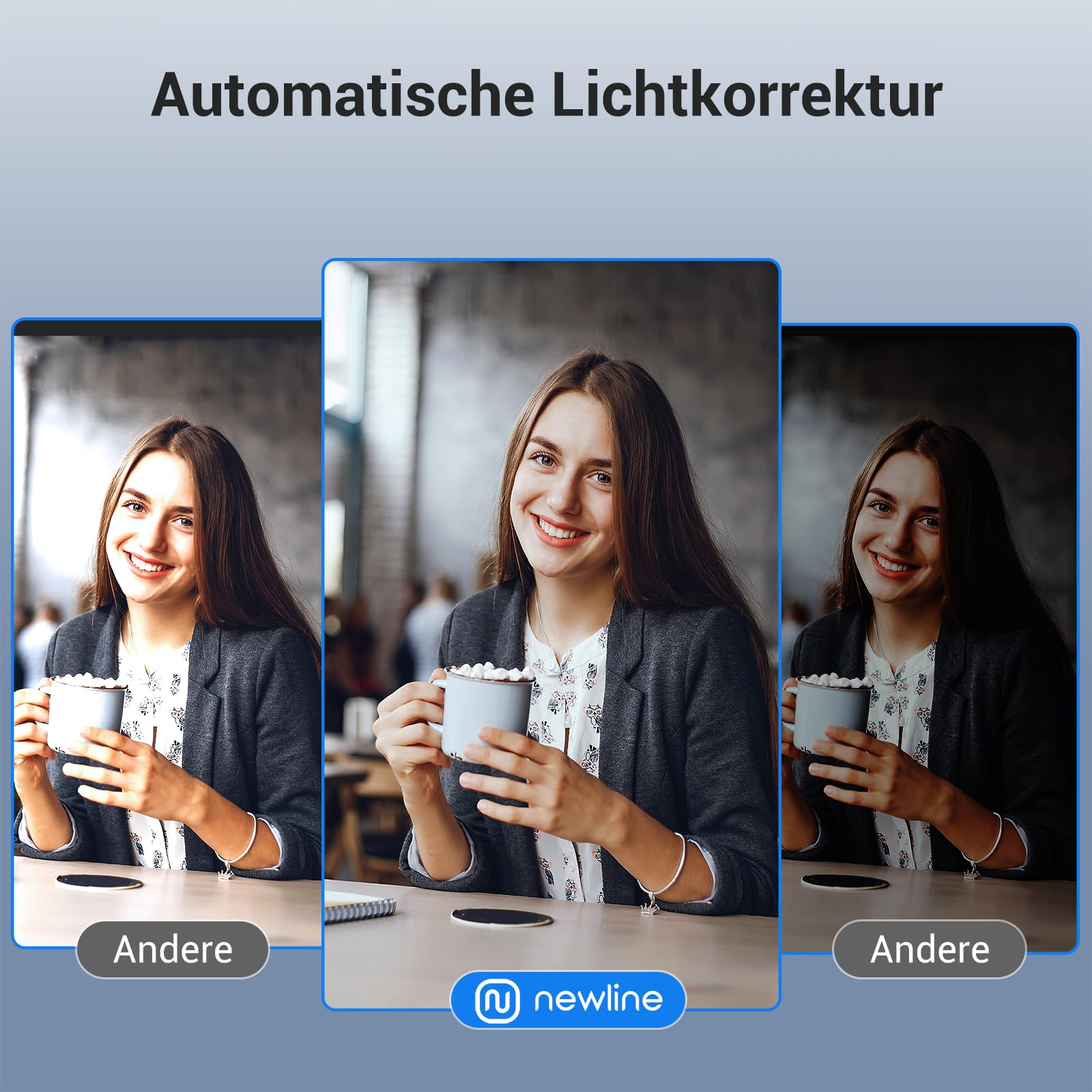 Confronto di tre foto con correzione automatica della luce su una donna sorridente.