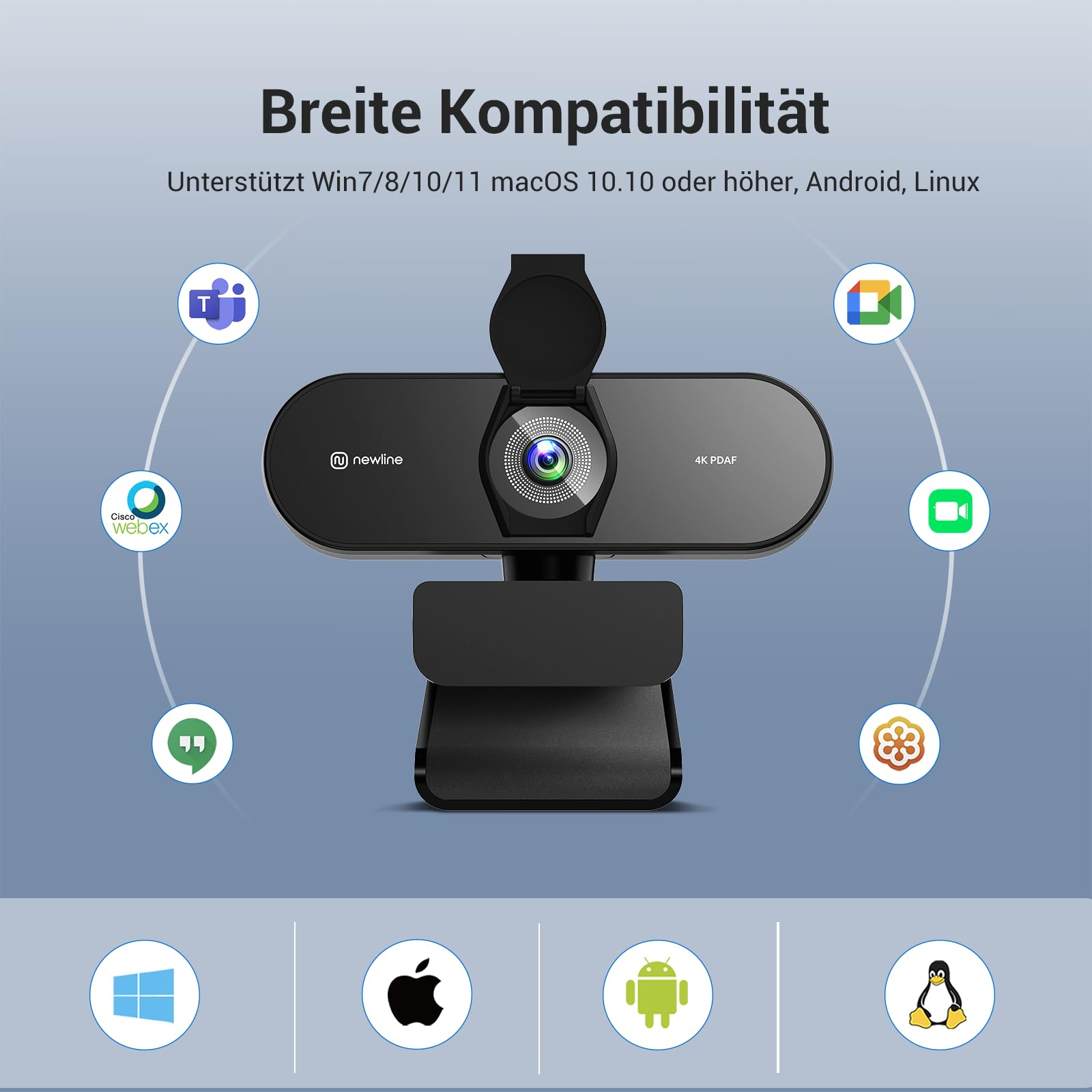 Una webcam Newline 4K con copriobiettivo aperto mostra compatibilità con vari sistemi operativi.