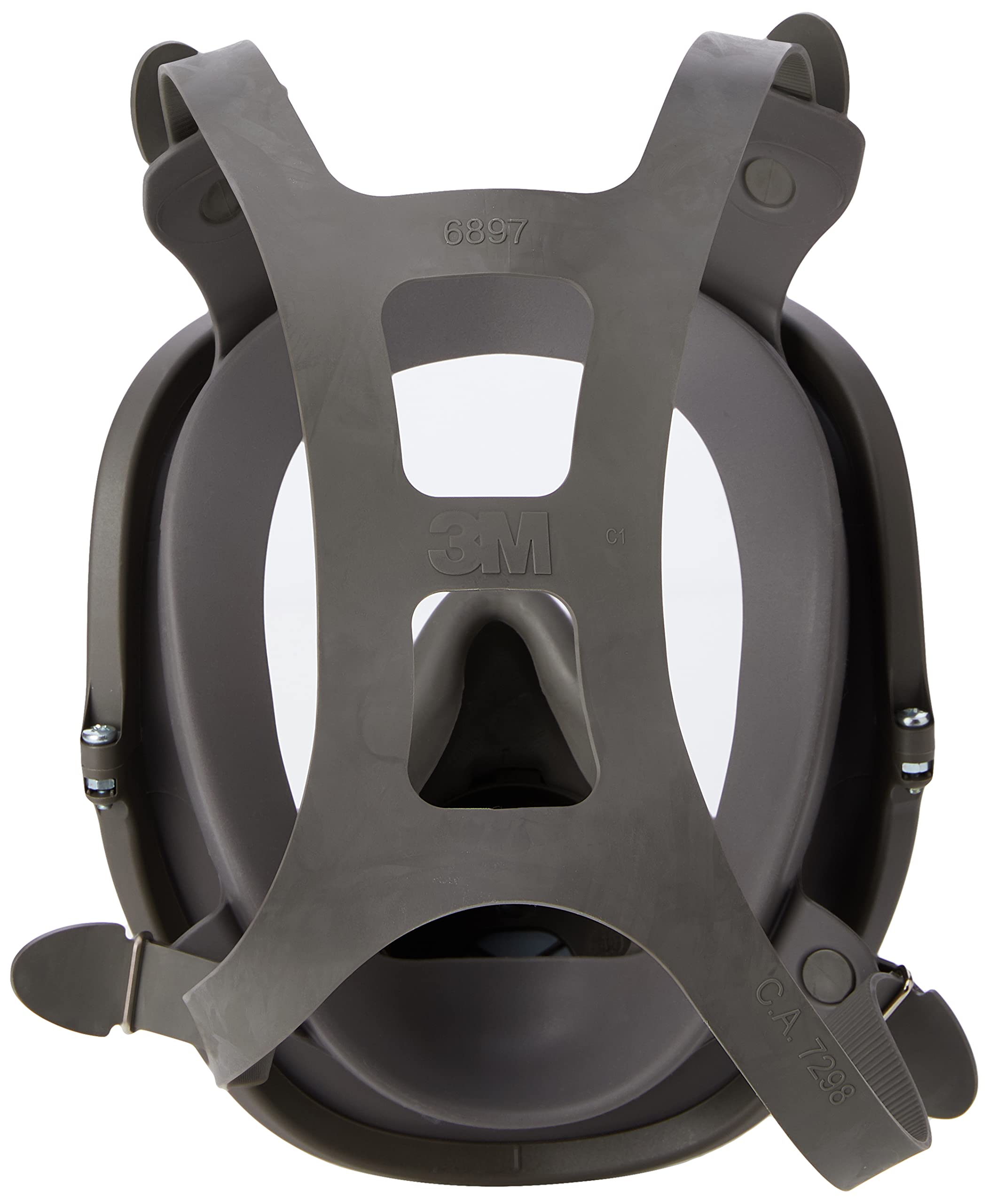 Eine graue 3M-Vollgesichtsmaske mit verstellbaren Riemen und klarem Visier vor weißem Hintergrund.