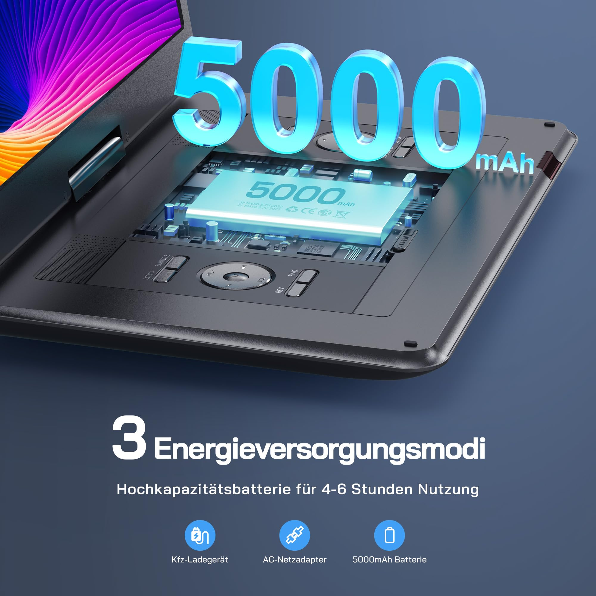 Un appareil portable avec un compartiment ouvert révèle une batterie bleue de 5000 mAh et trois modes d'alimentation.