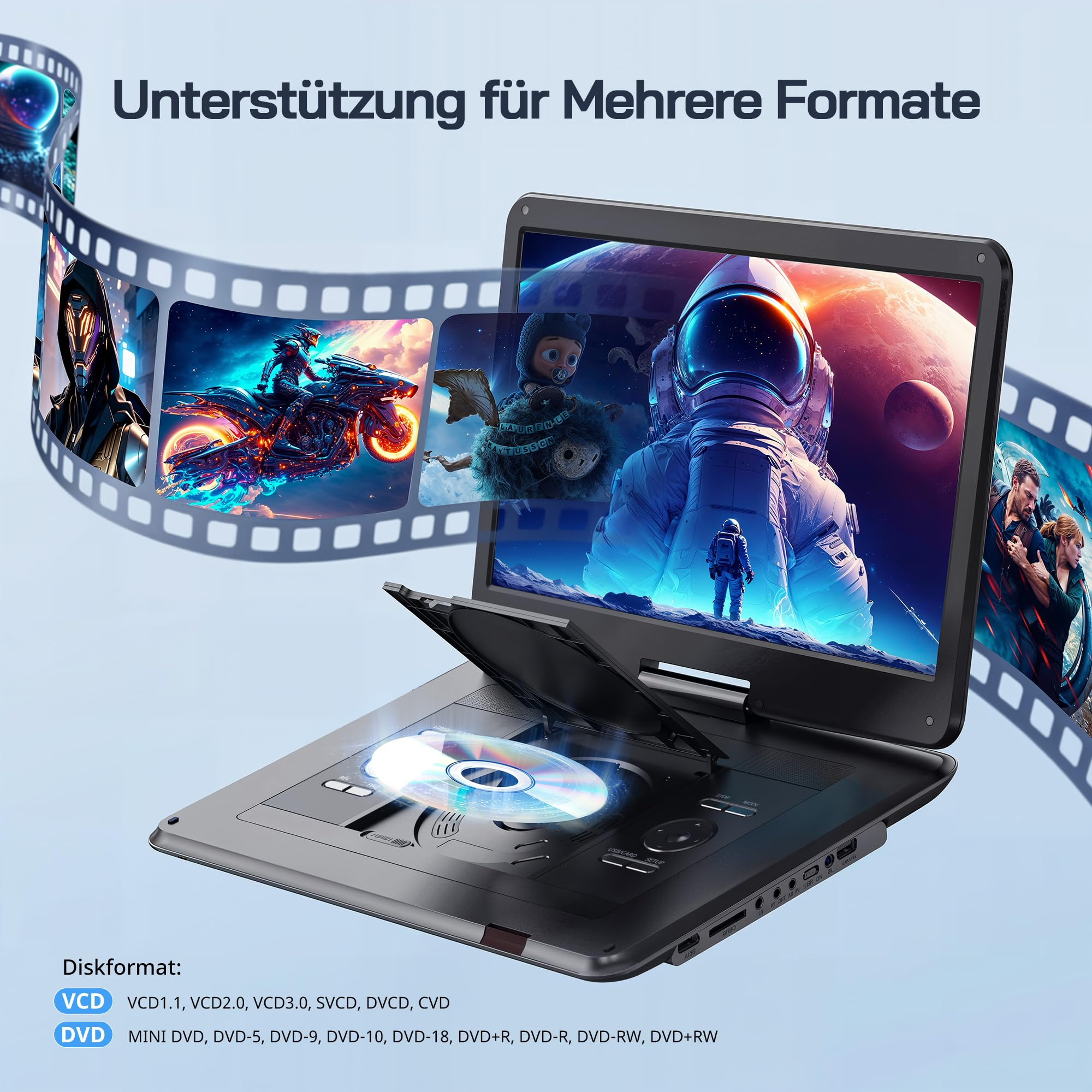 Un lecteur DVD portable lit un disque, entouré d'une pellicule avec diverses images sur fond bleu.
