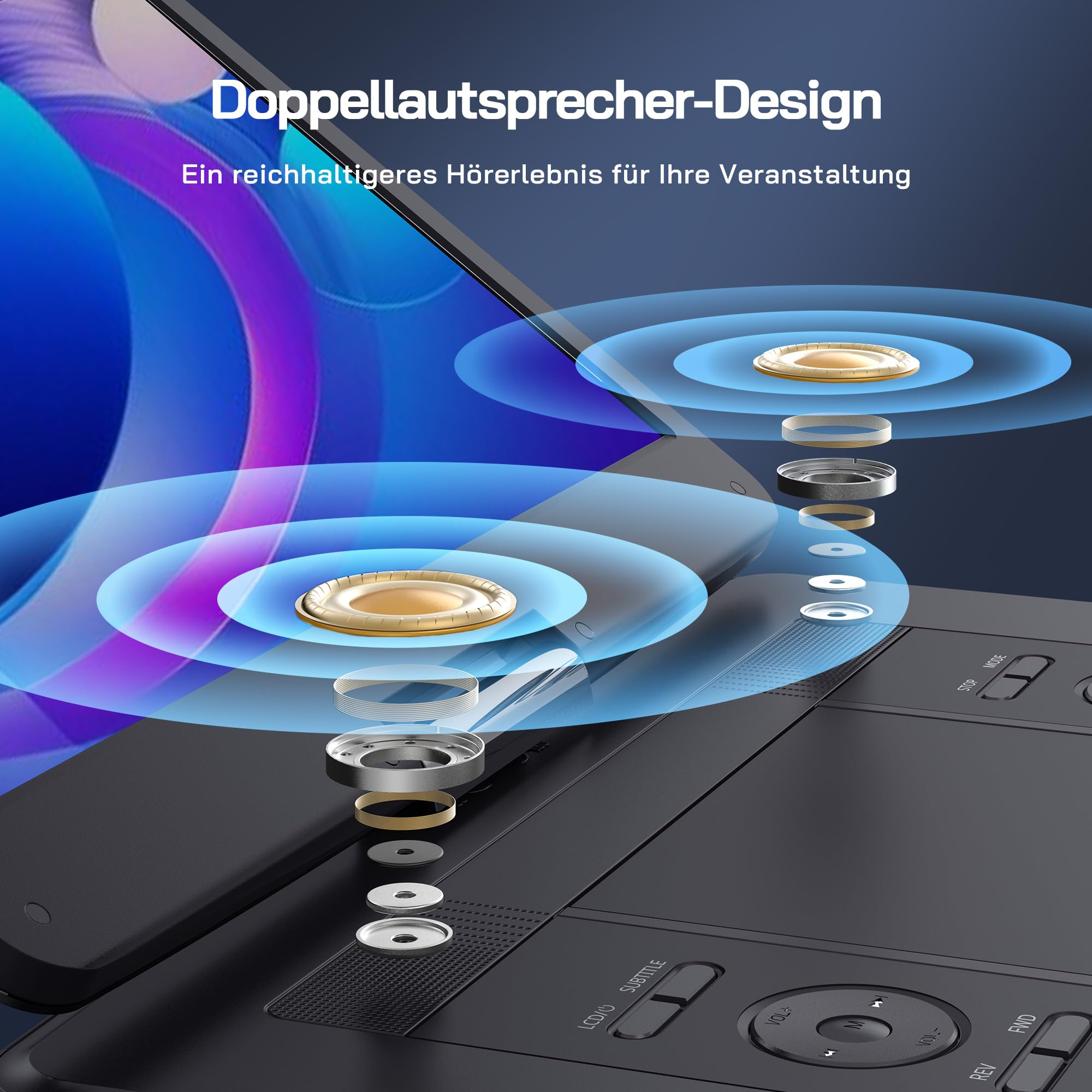 Schéma montrant la conception à double haut-parleur d'un appareil électronique noir avec des ondes sonores bleues.