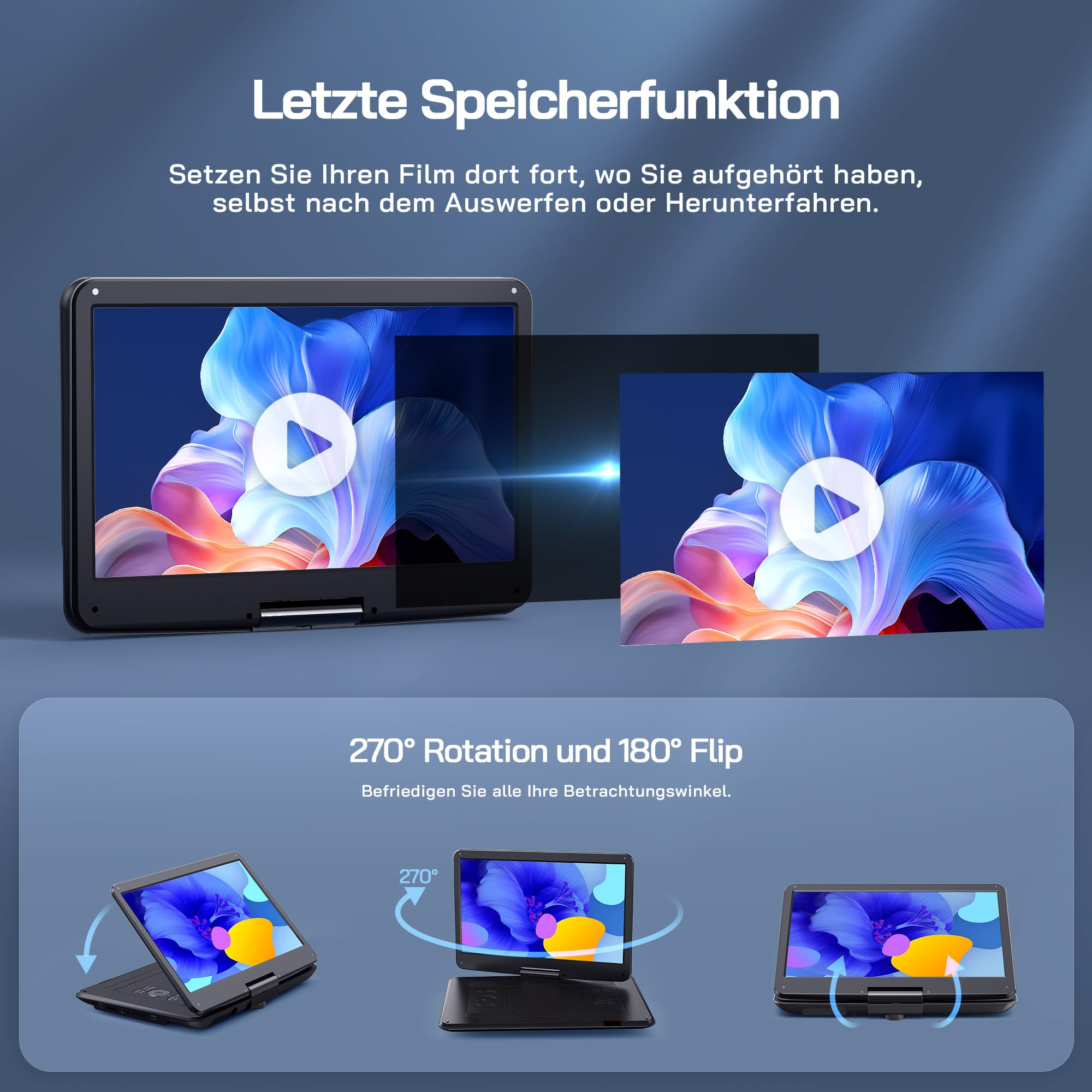 Graphique montre un lecteur DVD portable avec fonction mémoire et écran pivotant à 270 degrés.