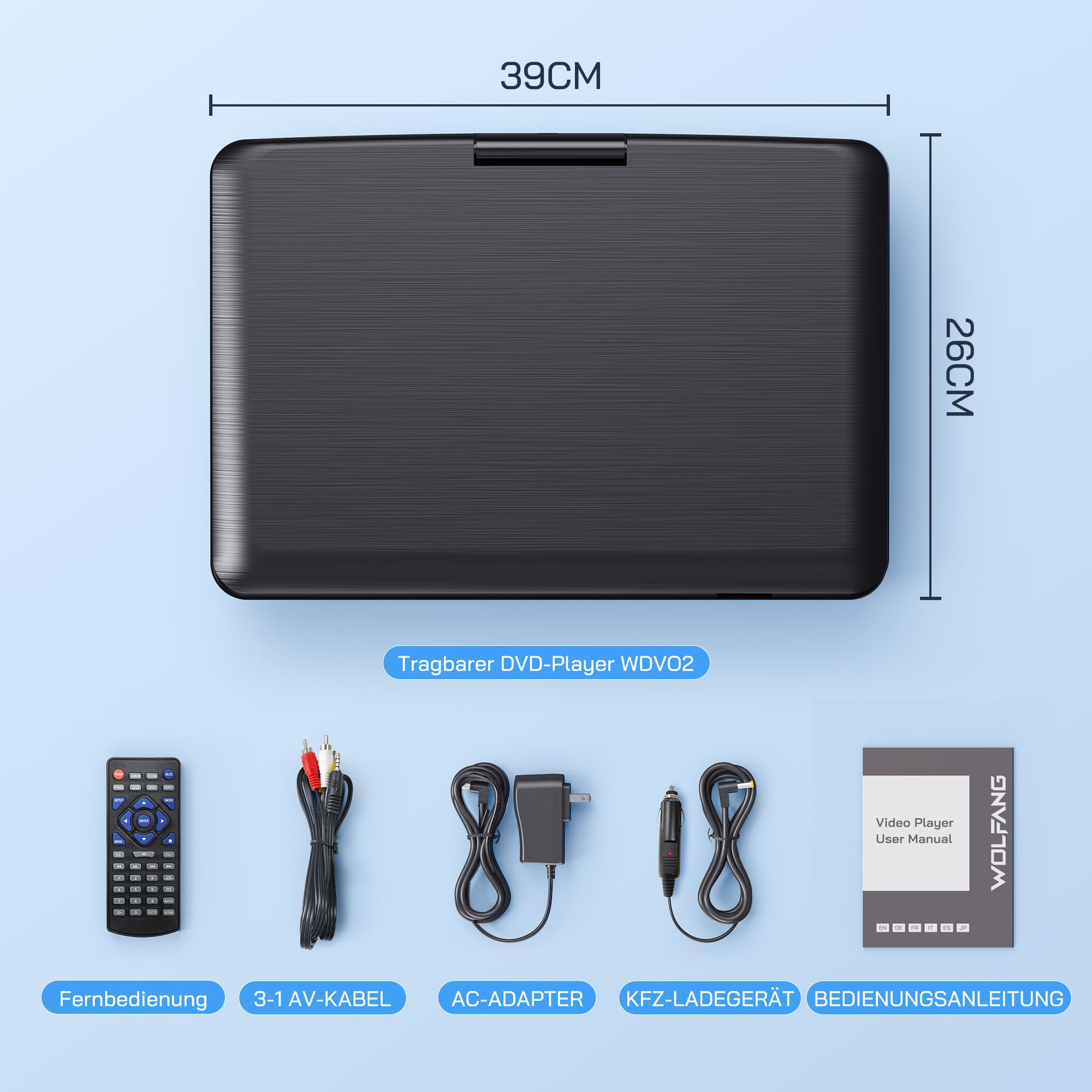 Lecteur DVD portable noir de 39x26 cm avec télécommande, câble AV, adaptateur secteur, chargeur de voiture et manuel.