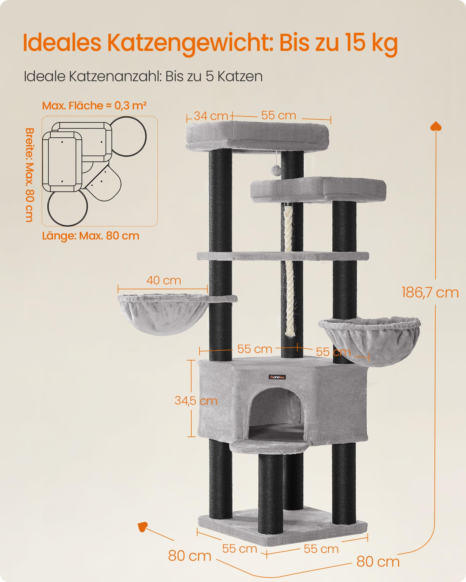 Albero per gatti grigio con dimensioni: altezza 186,7 cm, base 80x80 cm, per un massimo di 5 gatti.