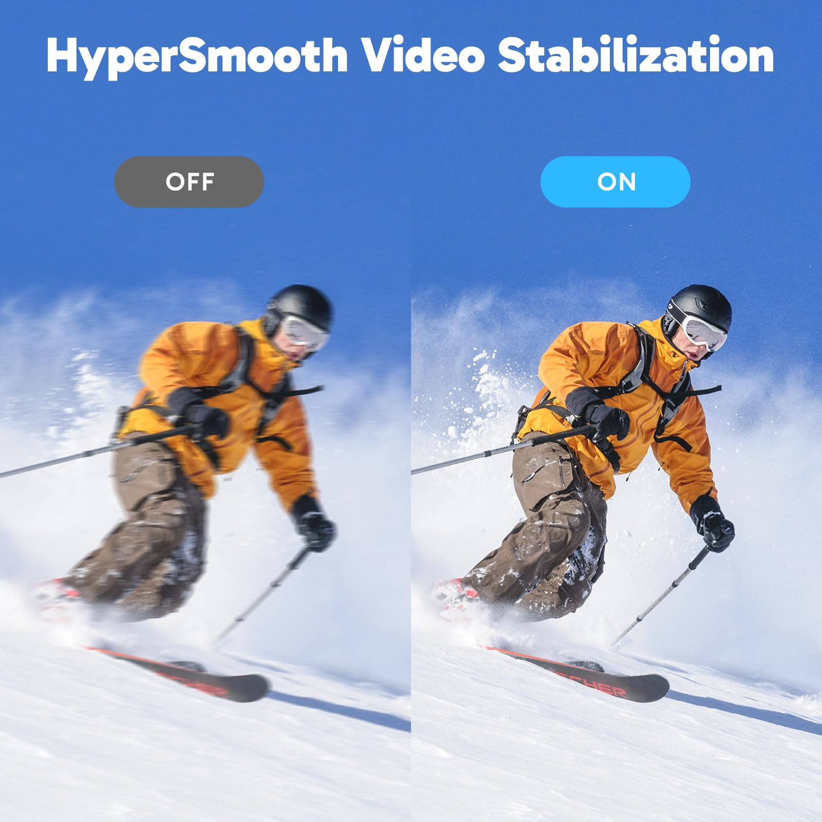 Comparaison de ski avec la stabilisation vidéo HyperSmooth désactivée (gauche) et activée (droite).