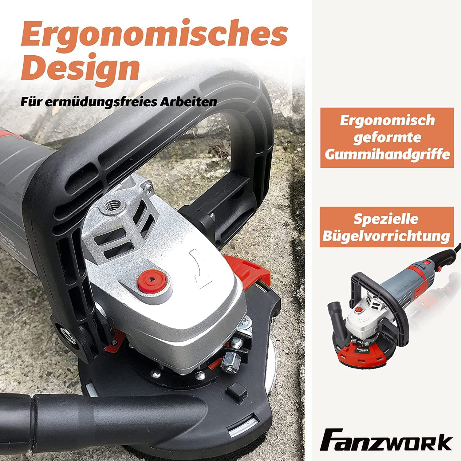 Winkelschleifer mit ergonomischem Griff und Staubabsaugung auf Betonboden.