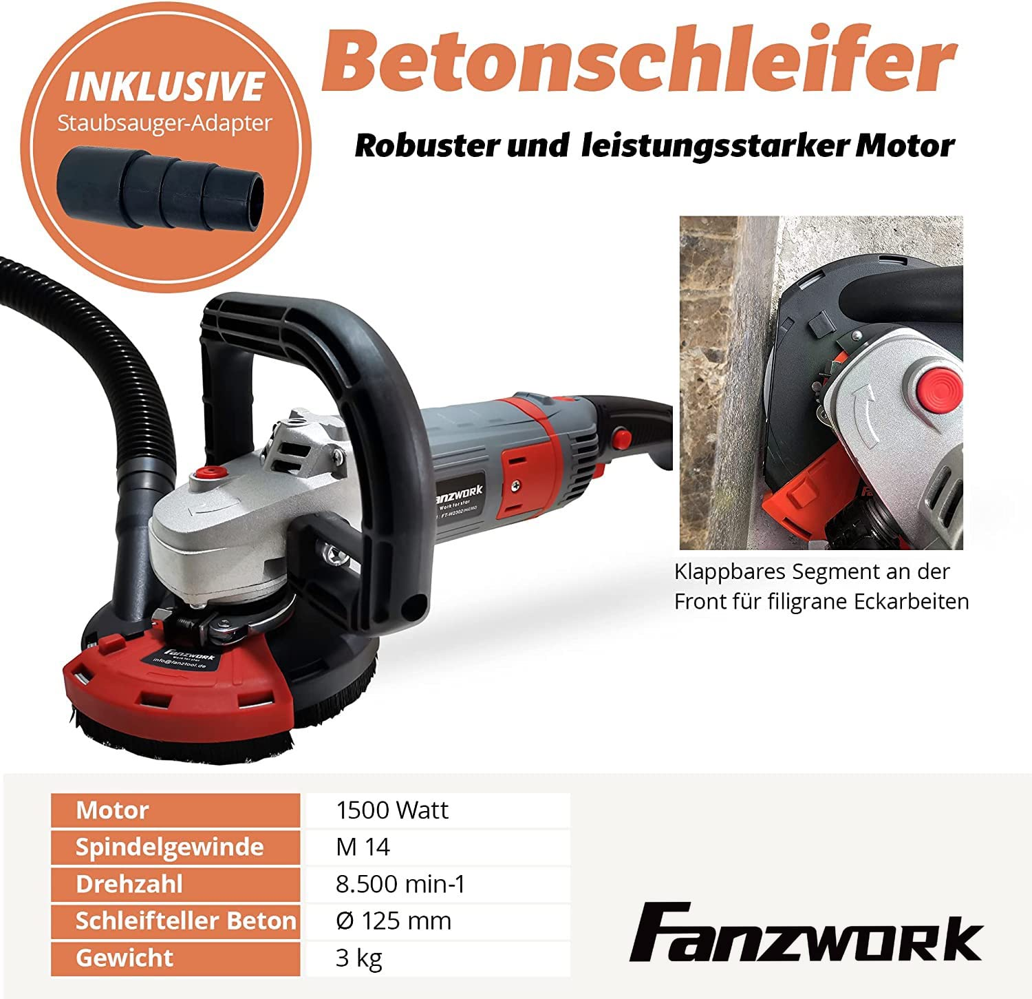 Betonschleifer mit Zubehör, technischen Daten und Fanzwork-Logo.