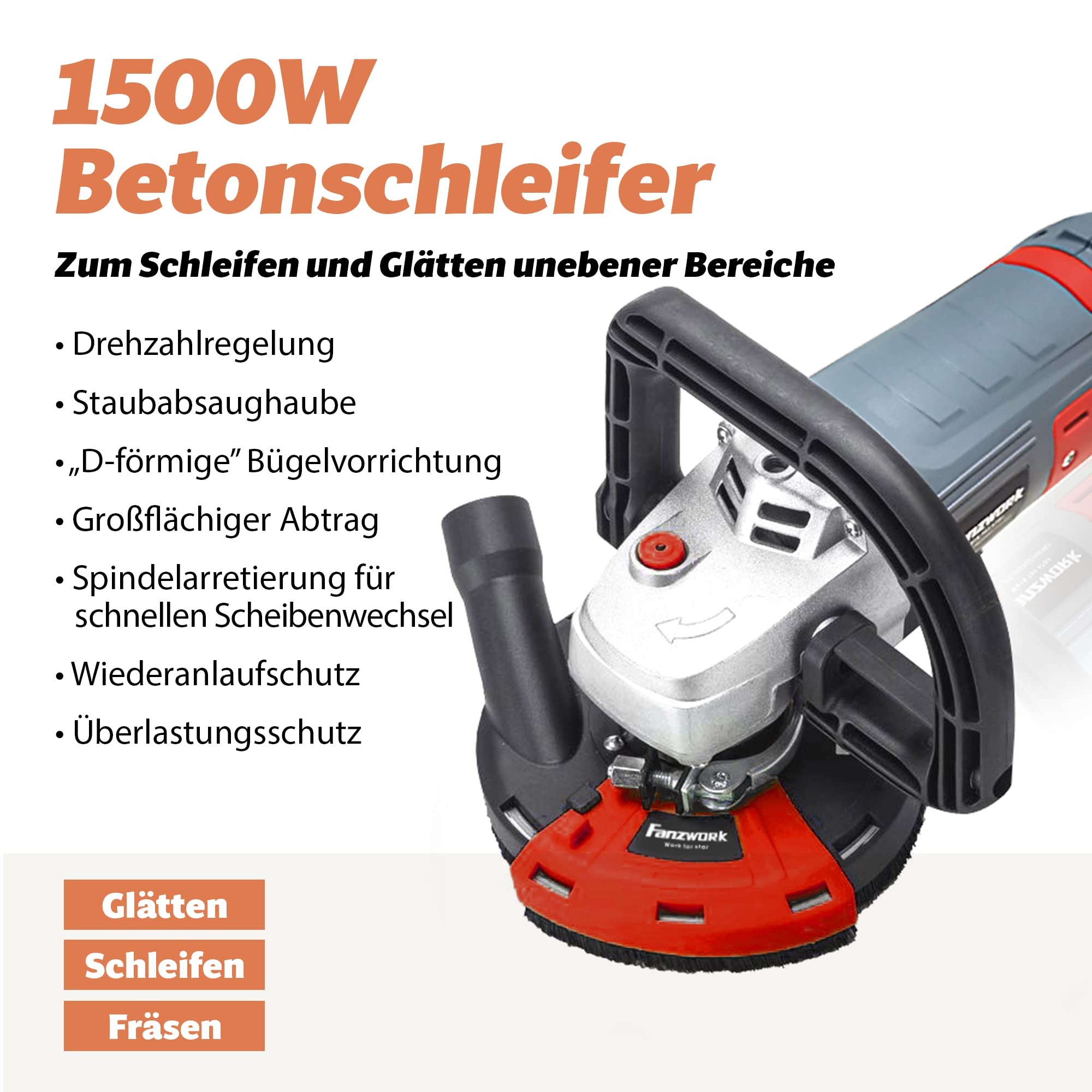 1500W Betonschleifer mit Staubabsaughube und Handgriff auf weißem Hintergrund mit technischen Merkmalen.