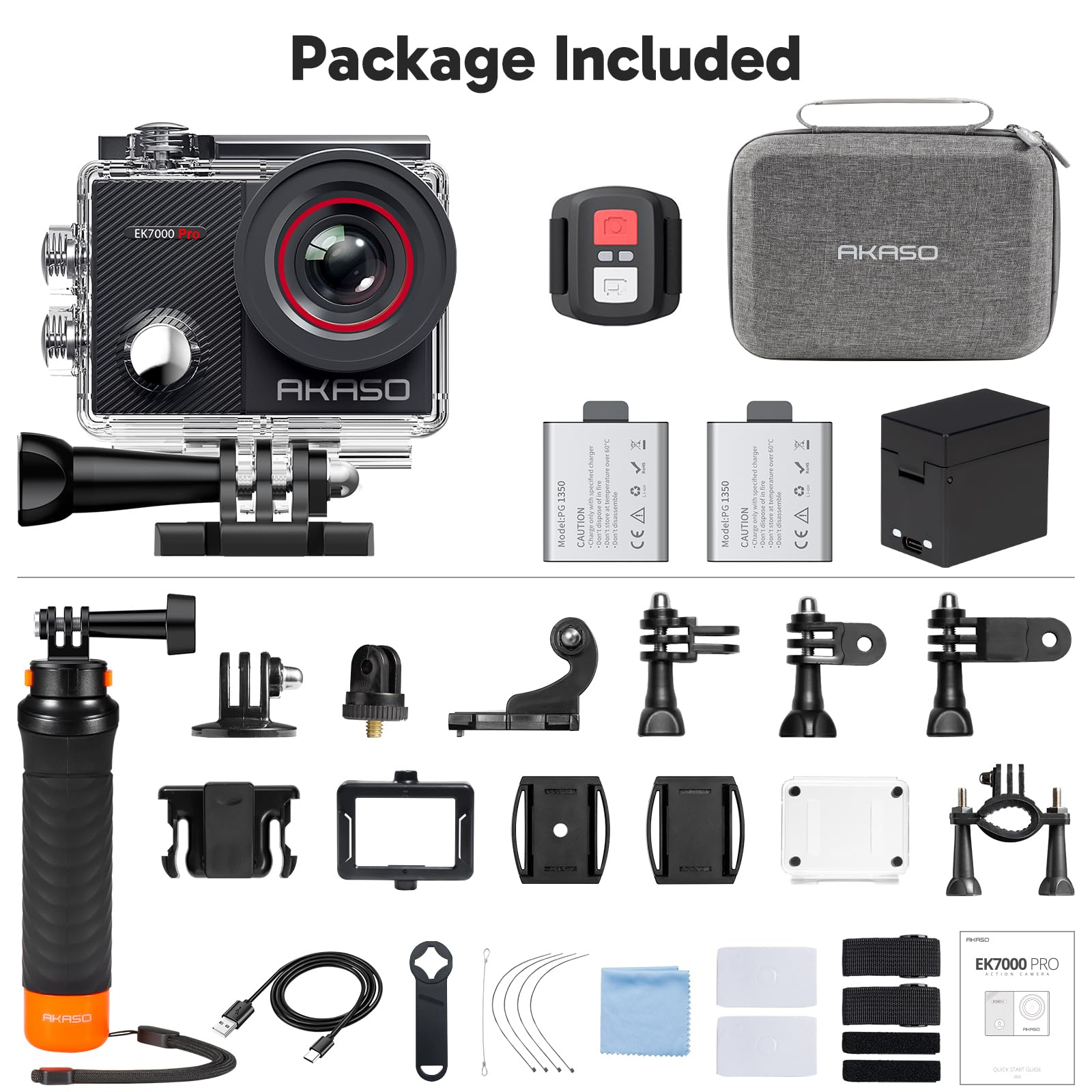 Caméra d'action AKASO dans un étui étanche avec accessoires comme batteries, télécommande, fixations et sac.