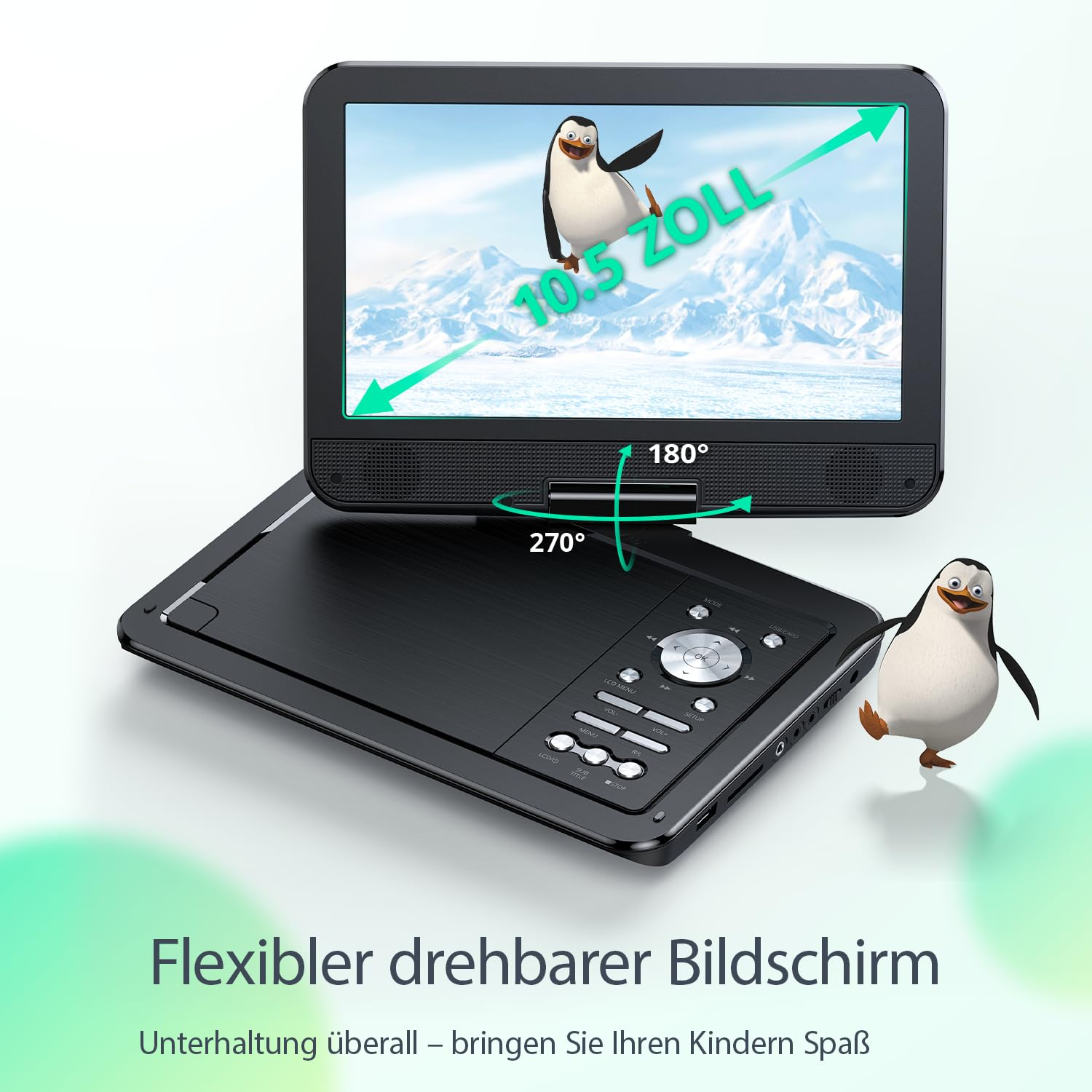 Un lecteur DVD portable avec écran pivotant de 10,5 pouces et des pingouins.