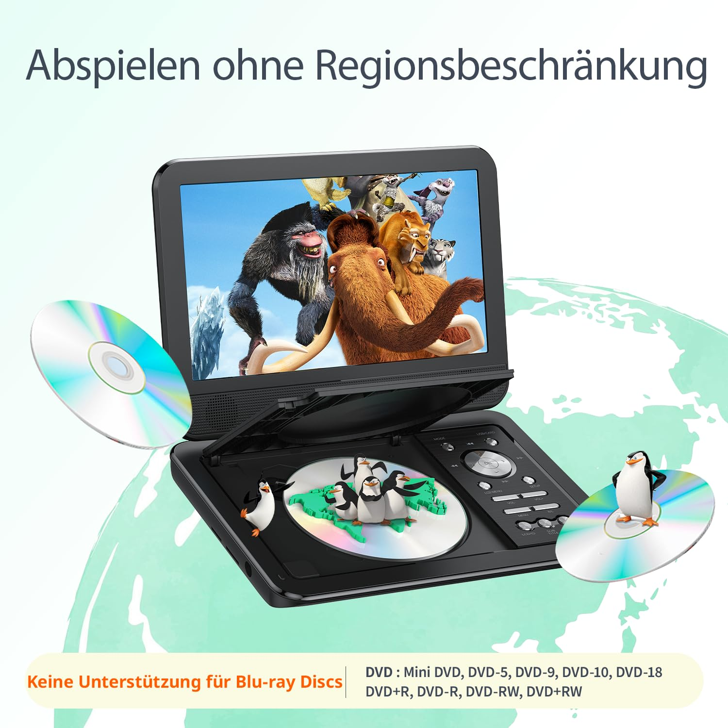Lecteur DVD portable affichant L'Âge de glace et des pingouins sur des disques avec une carte du monde.
