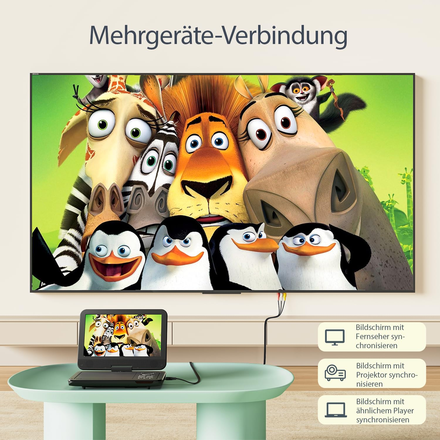 Un lecteur DVD portable relié à une grande télé affichant des personnages de Madagascar.