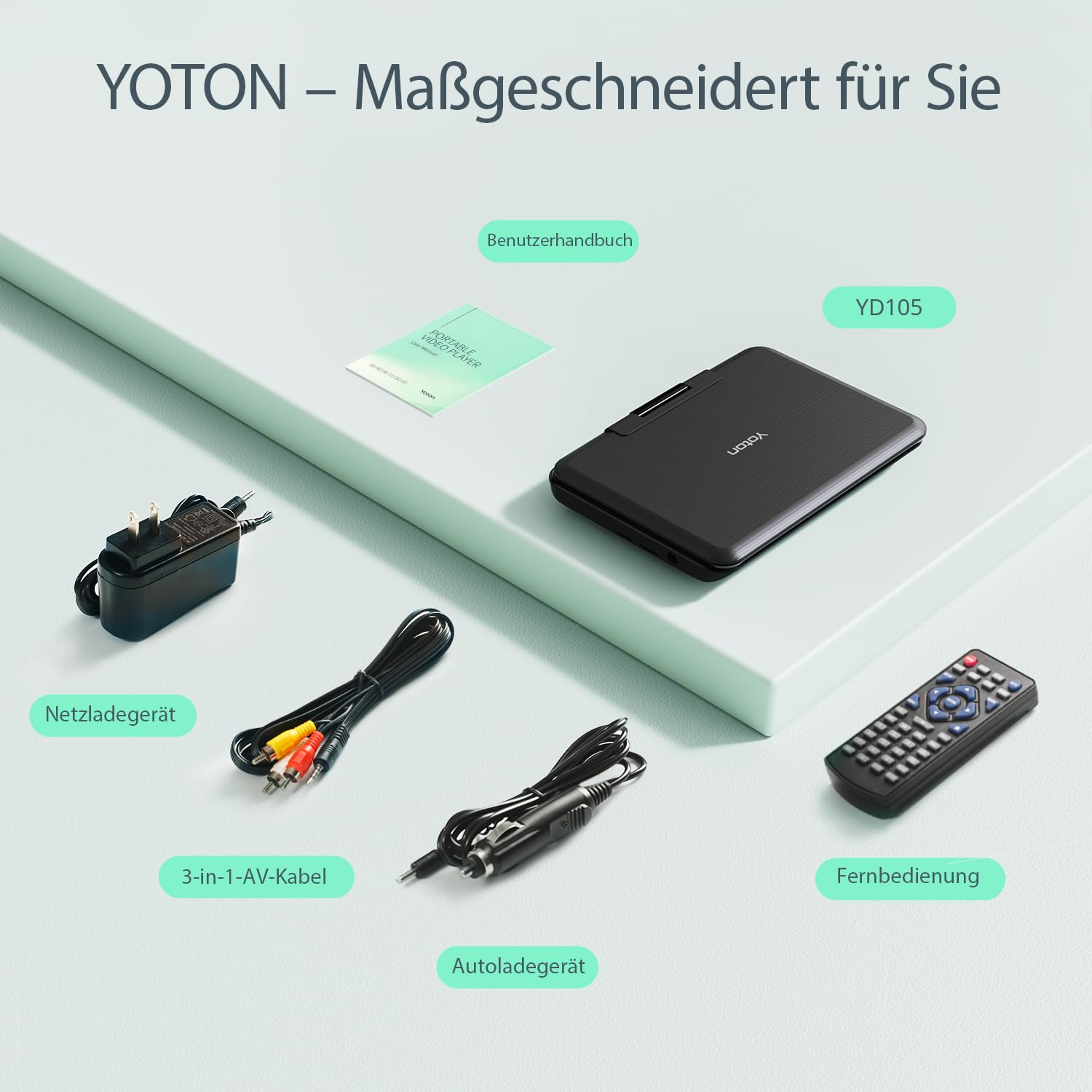 Lecteur DVD portable Yoton YD105 avec accessoires dont adaptateur secteur, câble AV, chargeur de voiture et télécommande.
