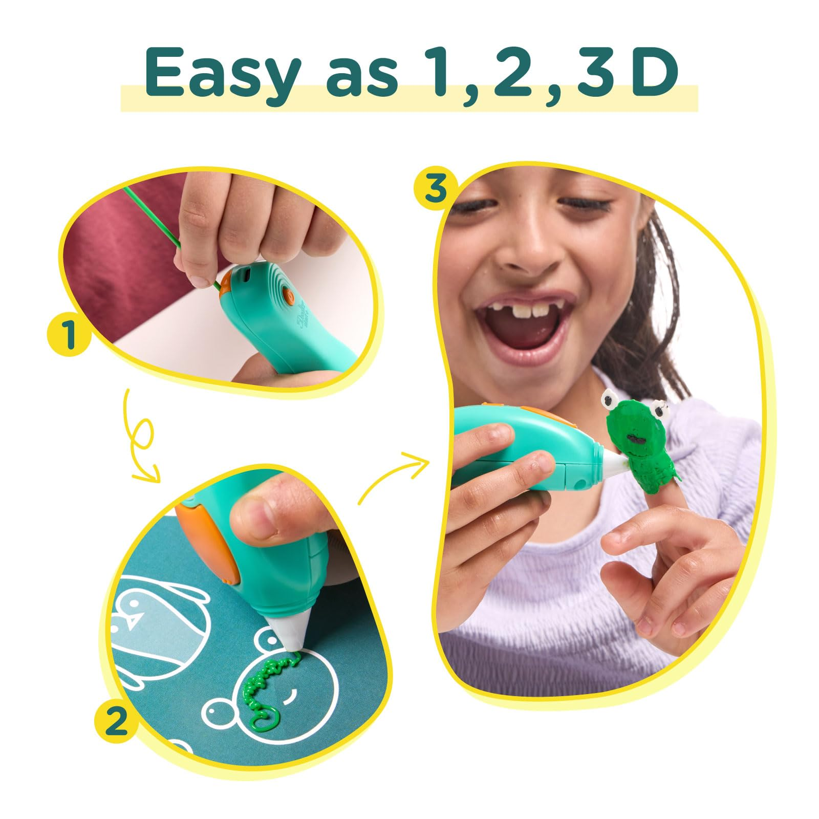 Un guide en trois étapes montre un enfant utilisant un stylo 3D turquoise pour créer une petite grenouille.
